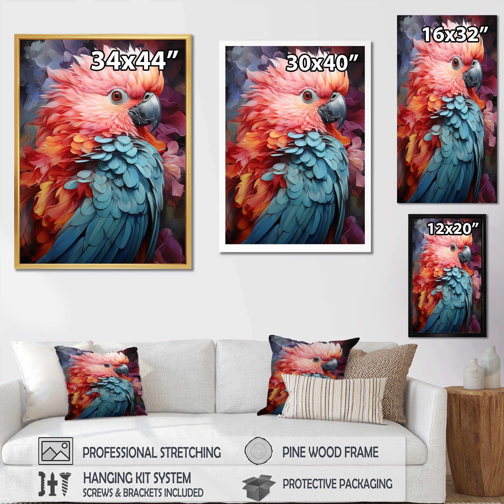 Pink And Blue Feathers Of Harmony Elegance - Parrot Living Room Wall Art