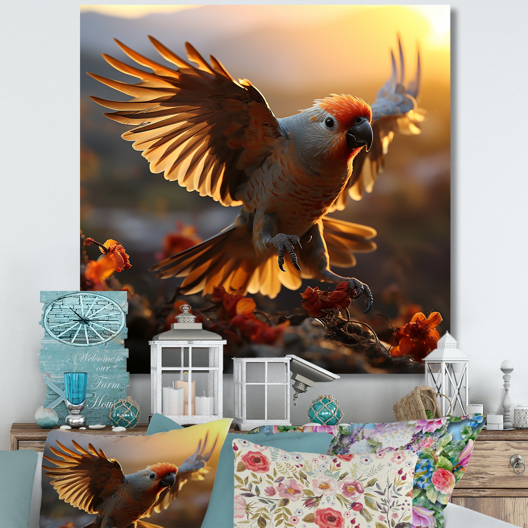Yellow Parrots Sunset Golden Flight - Parrot Canvas Wall Art