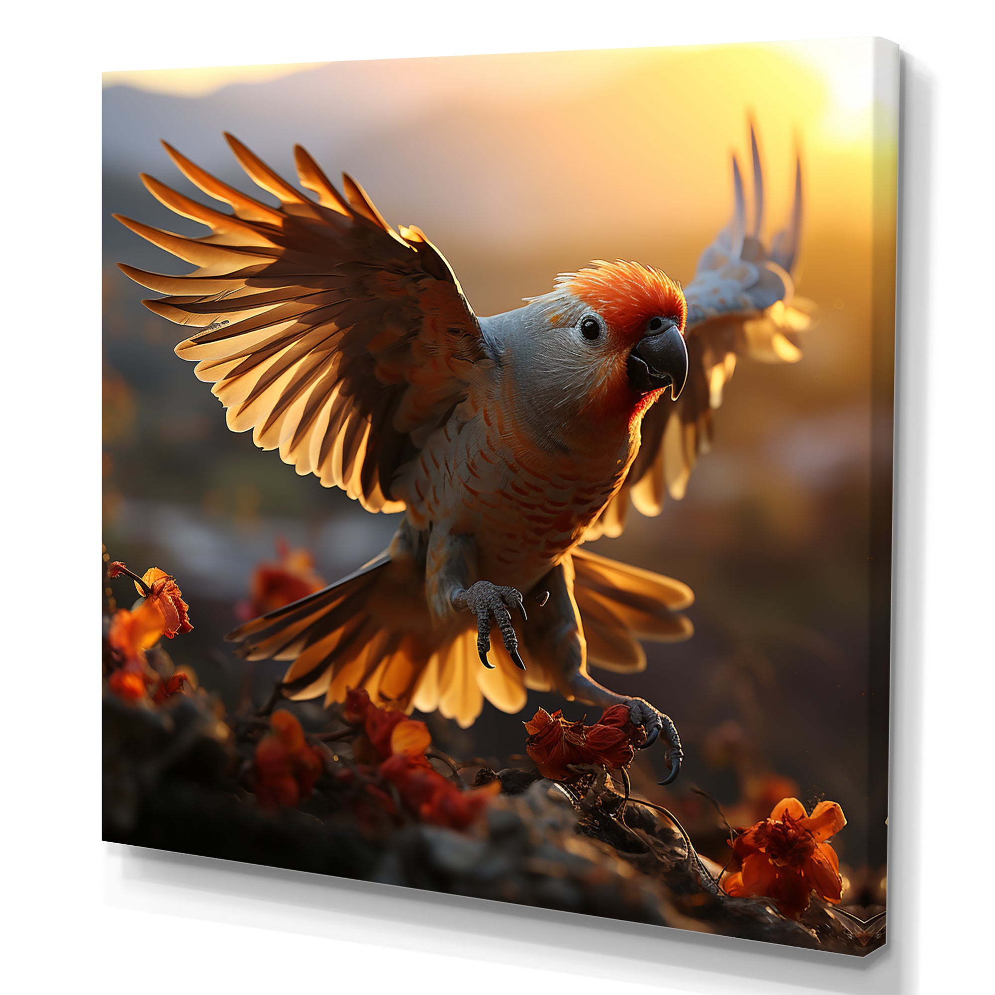 Yellow Parrots Sunset Golden Flight - Parrot Canvas Wall Art