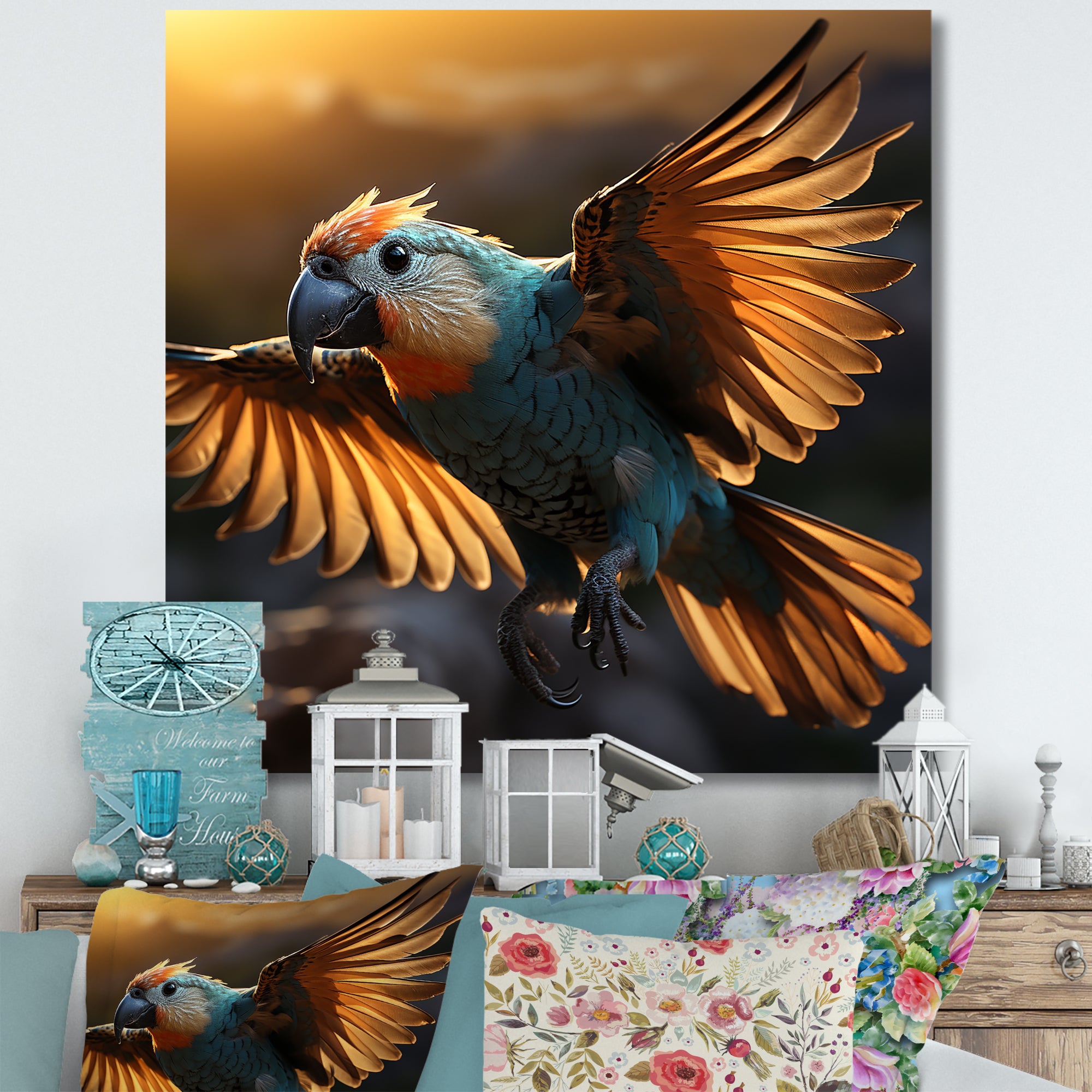 Blue Parrots Sunset Golden Flight - Parrot Wall Decor