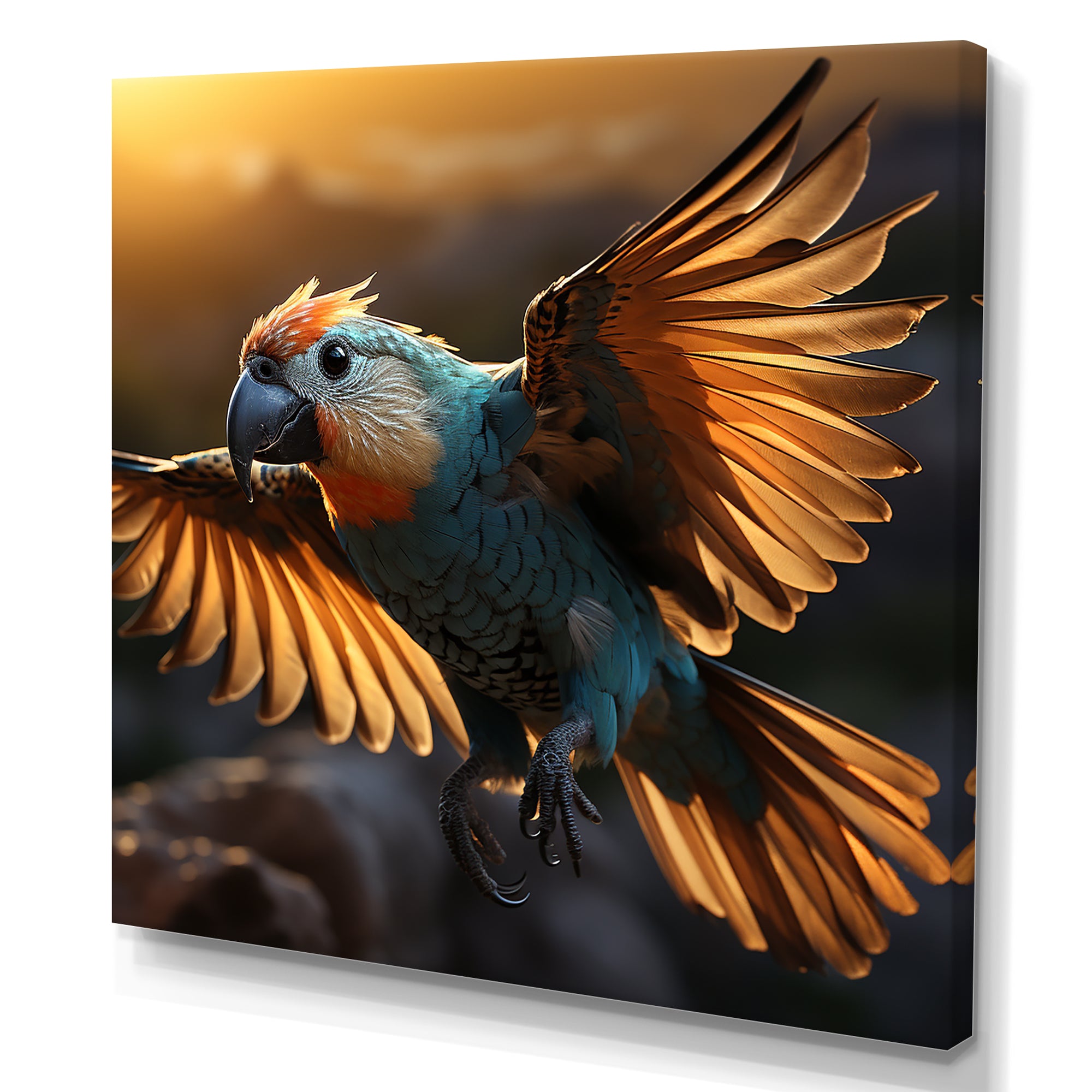 Blue Parrots Sunset Golden Flight - Parrot Wall Decor