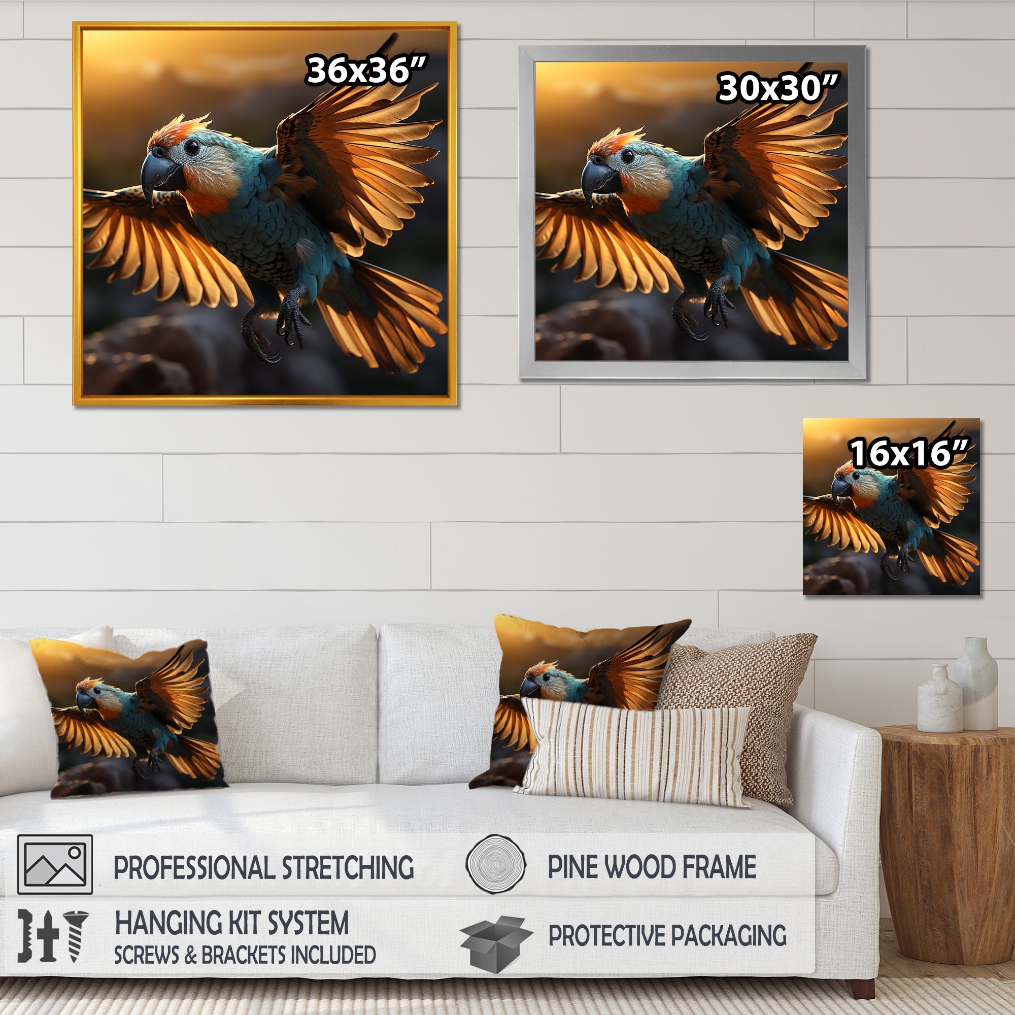 Blue Parrots Sunset Golden Flight - Parrot Wall Decor