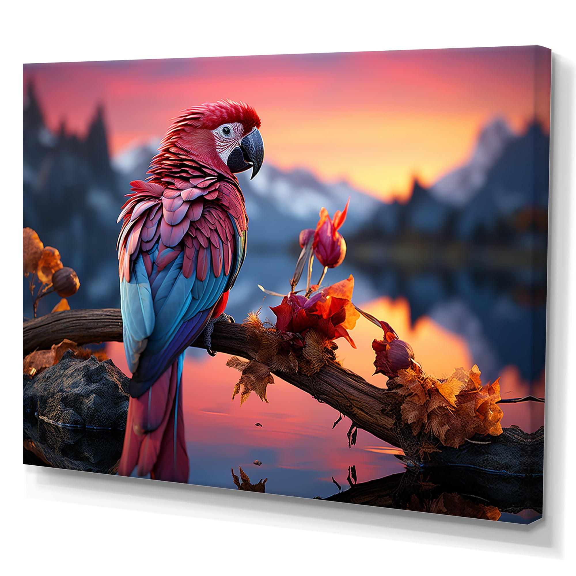 Red And Blue Parrots Radiant Plumage Sunset - Red Parrot Wall Art