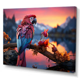 Red And Blue Parrots Radiant Plumage Sunset - Red Parrot Wall Art