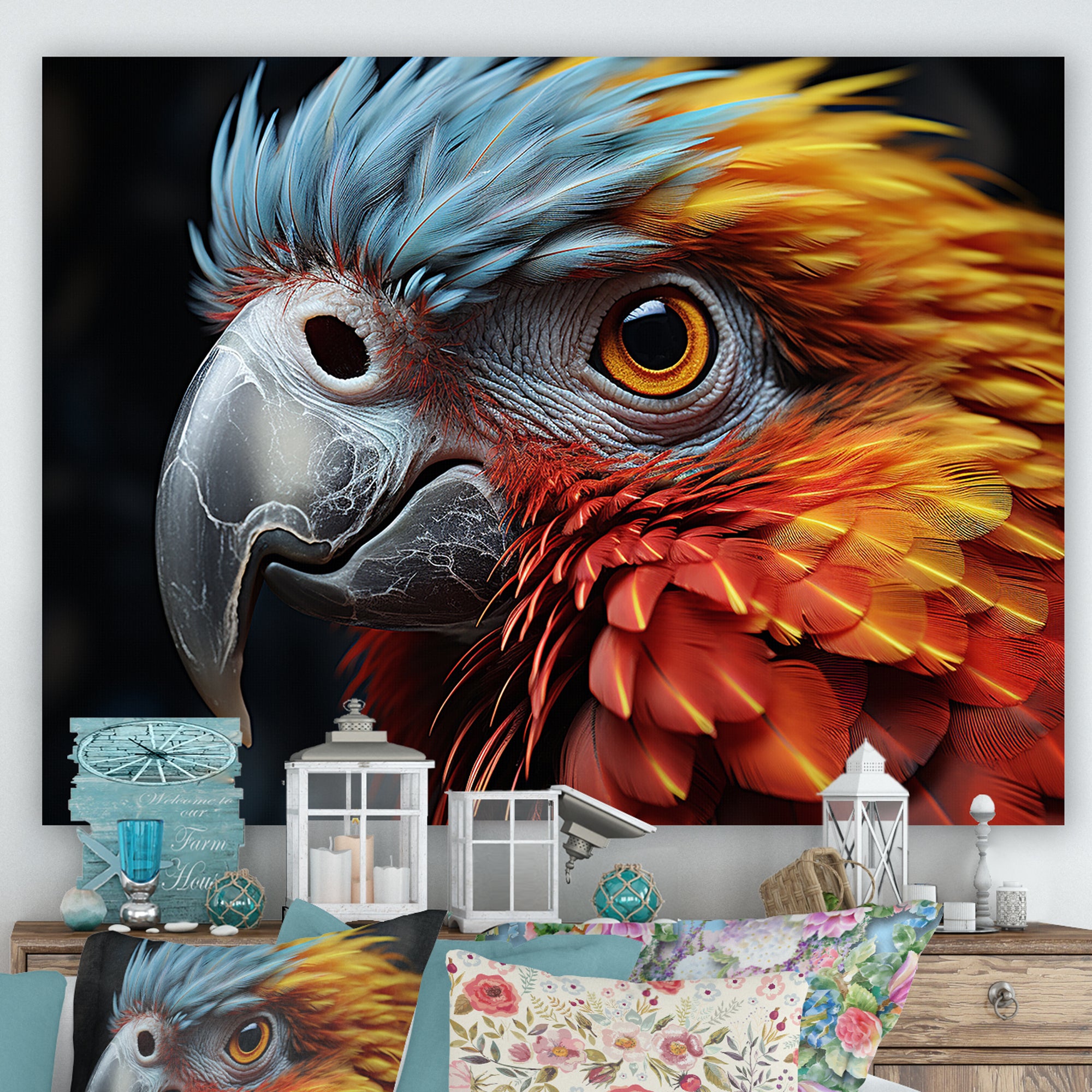 Red And Yellow Mystical Plumage Tropical Rhapsody - Parrot Bedroom Wall Art