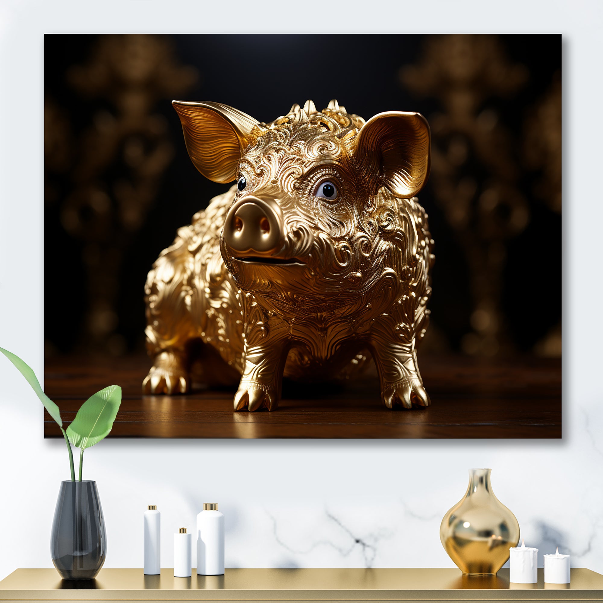 Golden Gilded Swine - Pig Canvas Wall Art