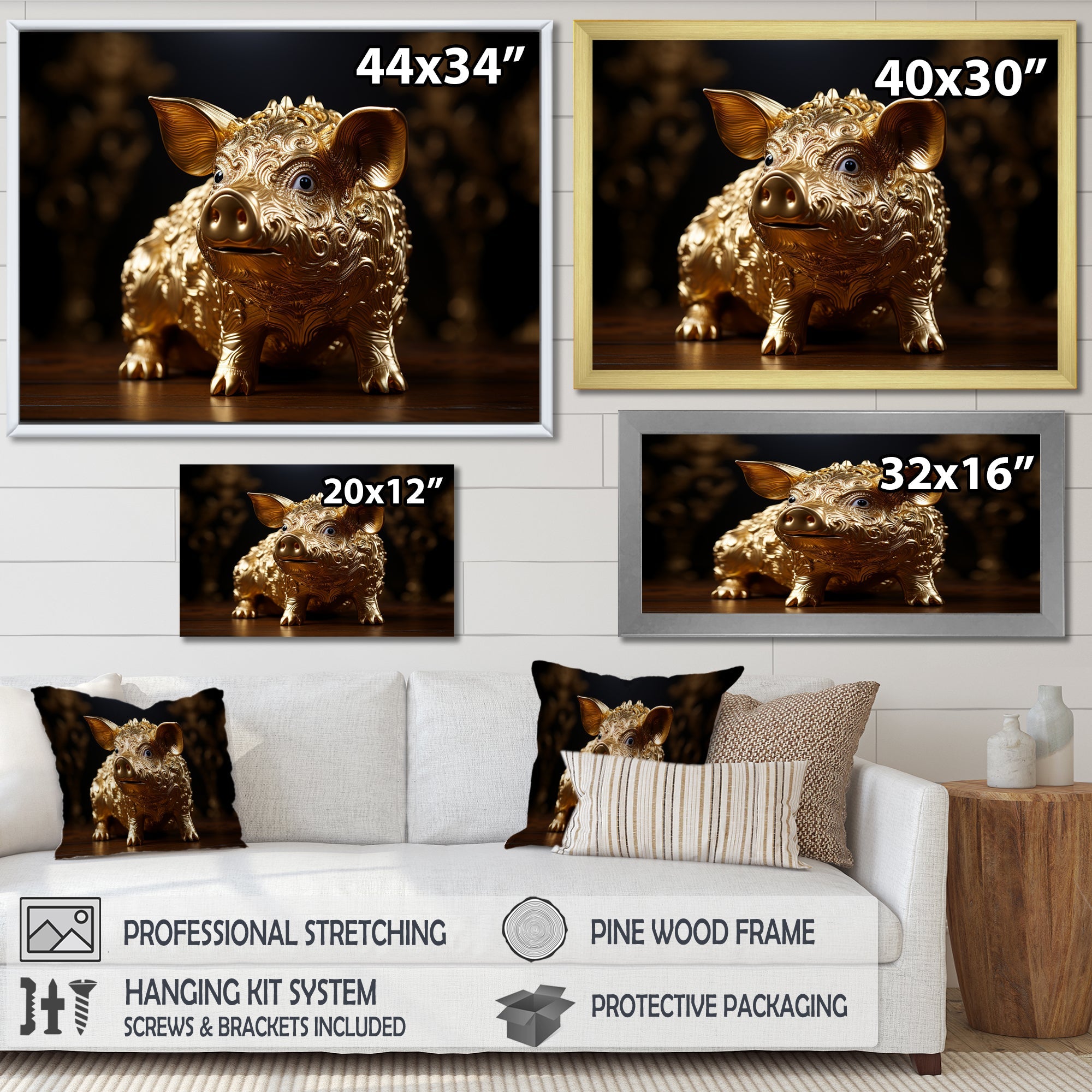 Golden Gilded Swine - Pig Canvas Wall Art