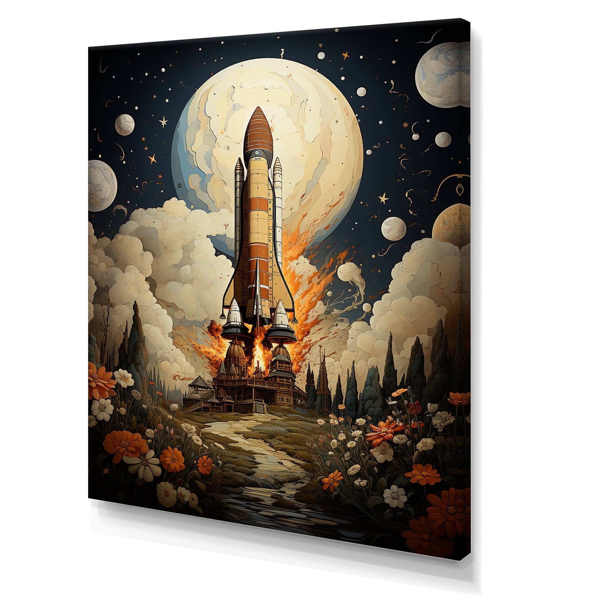 Vintage Impressionist Cosmic Rocket Ship Voyage - Rocketship Canvas Wall Art