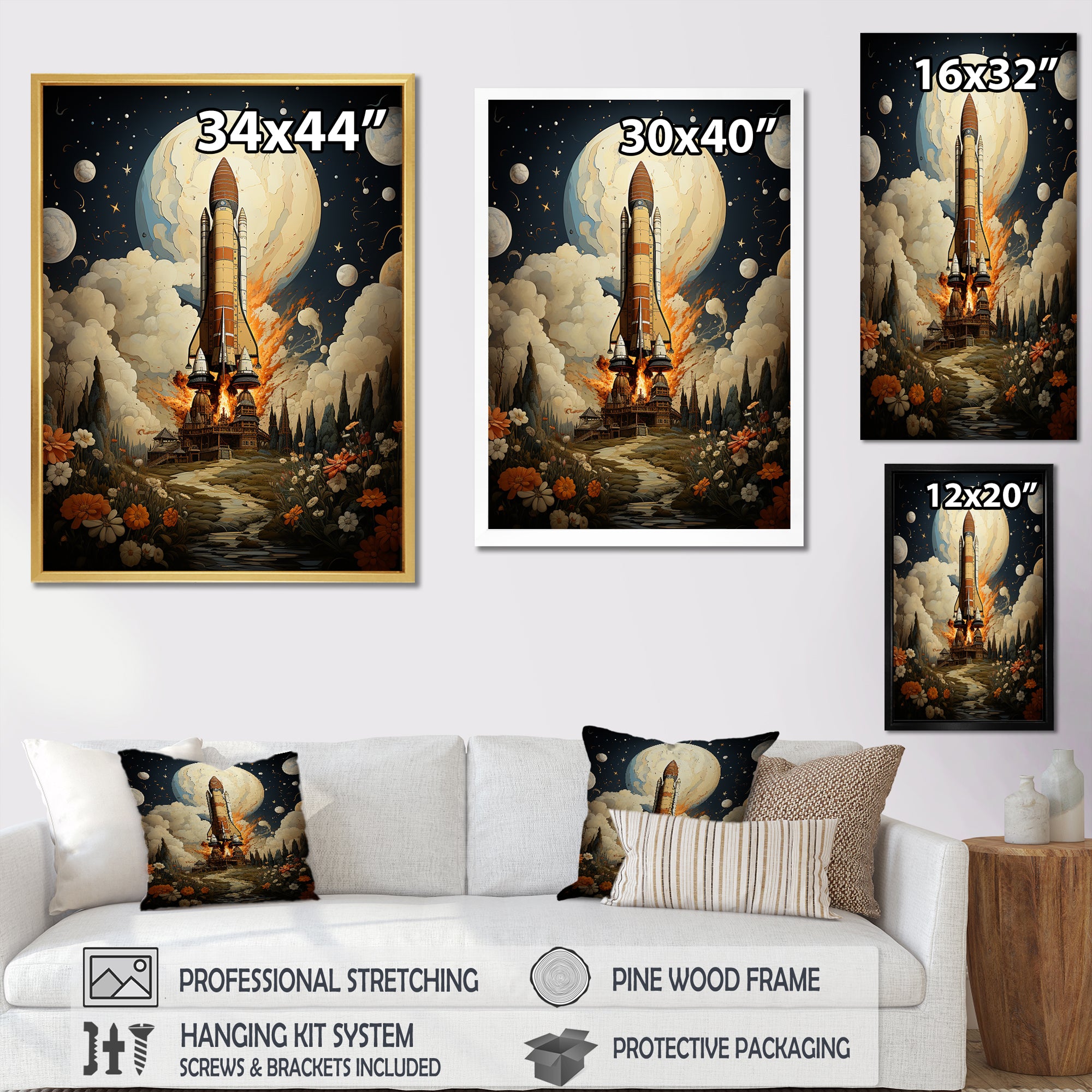 Vintage Impressionist Cosmic Rocket Ship Voyage - Rocketship Canvas Wall Art