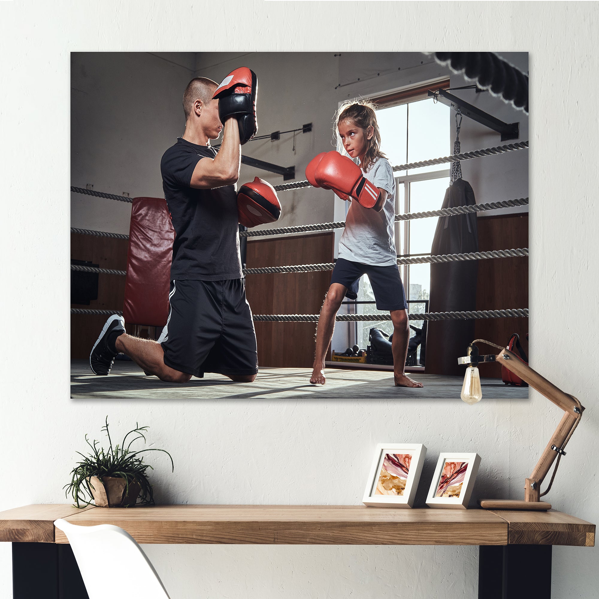Young Trainer Training A Little Girl Boxer - Sport Boxer Canvas Wall Art