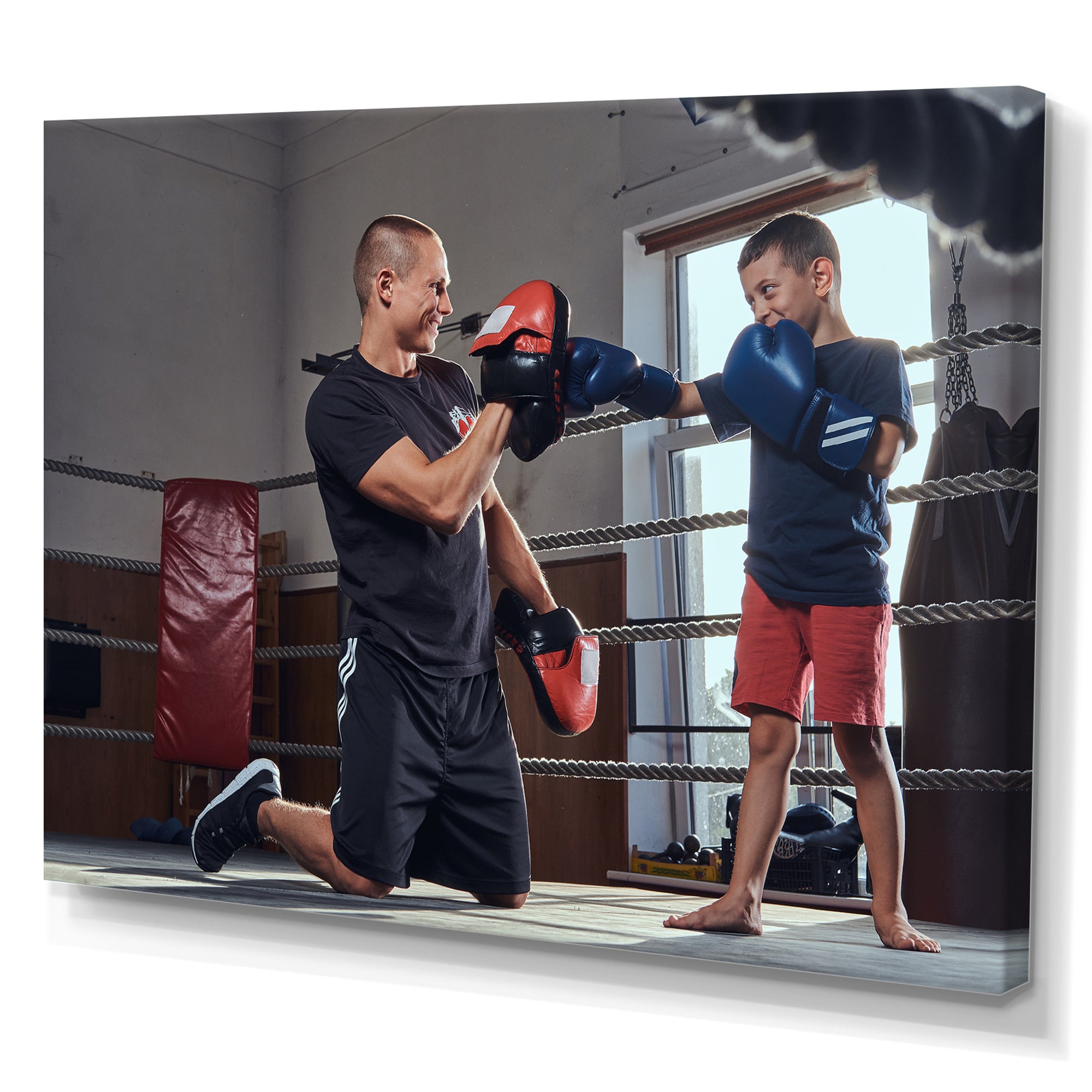 Young Trainer Training A Little Boy Boxer - Sport Boxer Canvas Wall Art