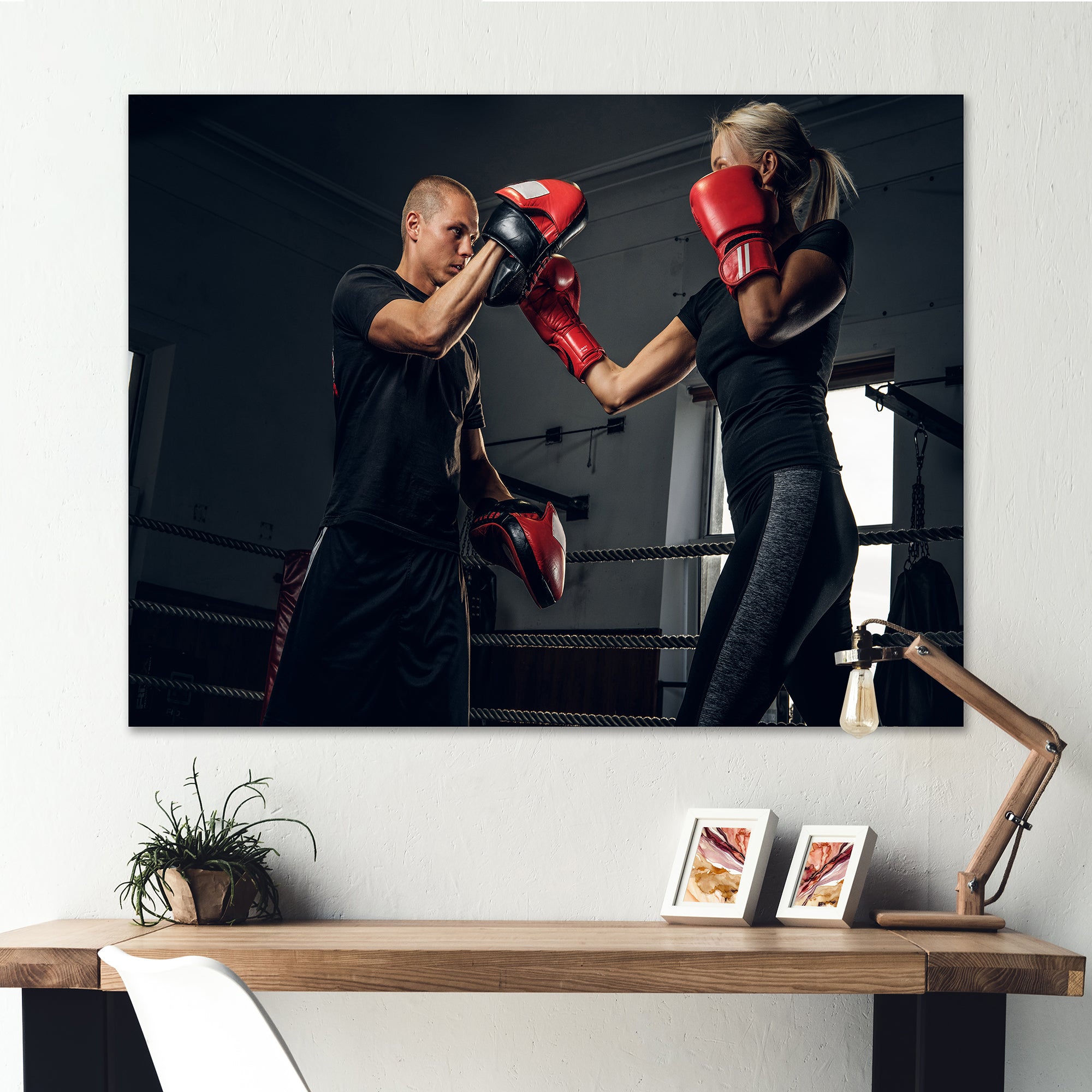 Sportive Blond Woman Has Boxing Training With Her Trainer - Sport Boxer Canvas Wall Art