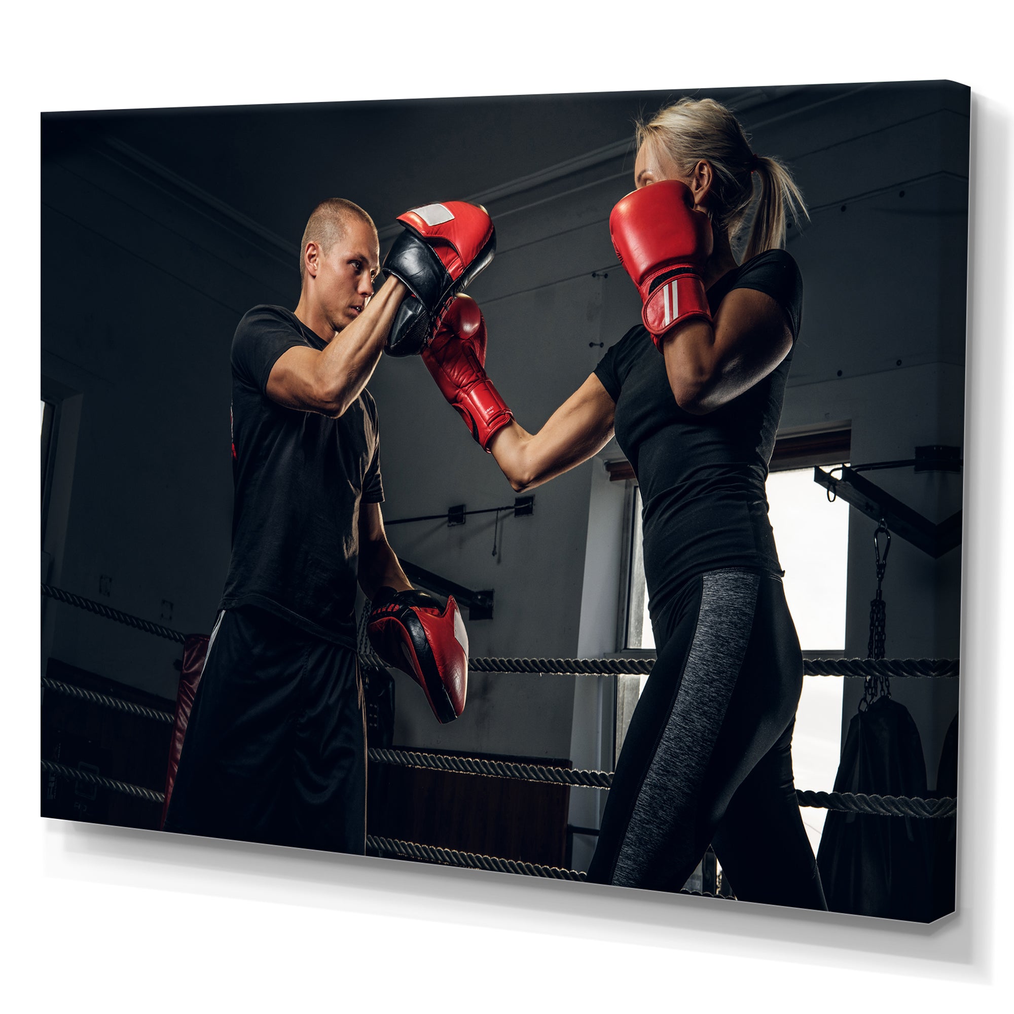 Sportive Blond Woman Has Boxing Training With Her Trainer - Sport Boxer Canvas Wall Art