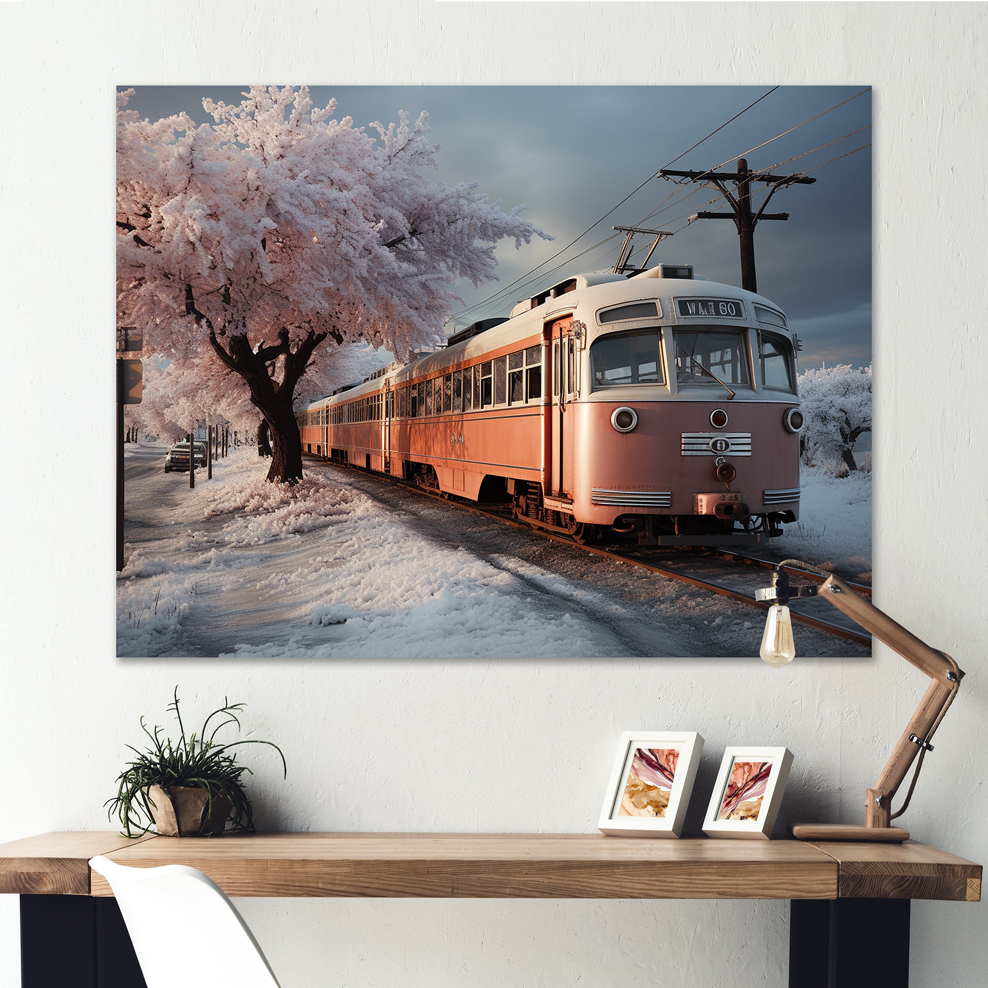 Orange Train Charm In Winter - Train Canvas Wall Art
