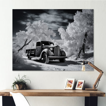 Black And White Truck Charm In Winter photo - Pickup Truck Canvas Wall Art