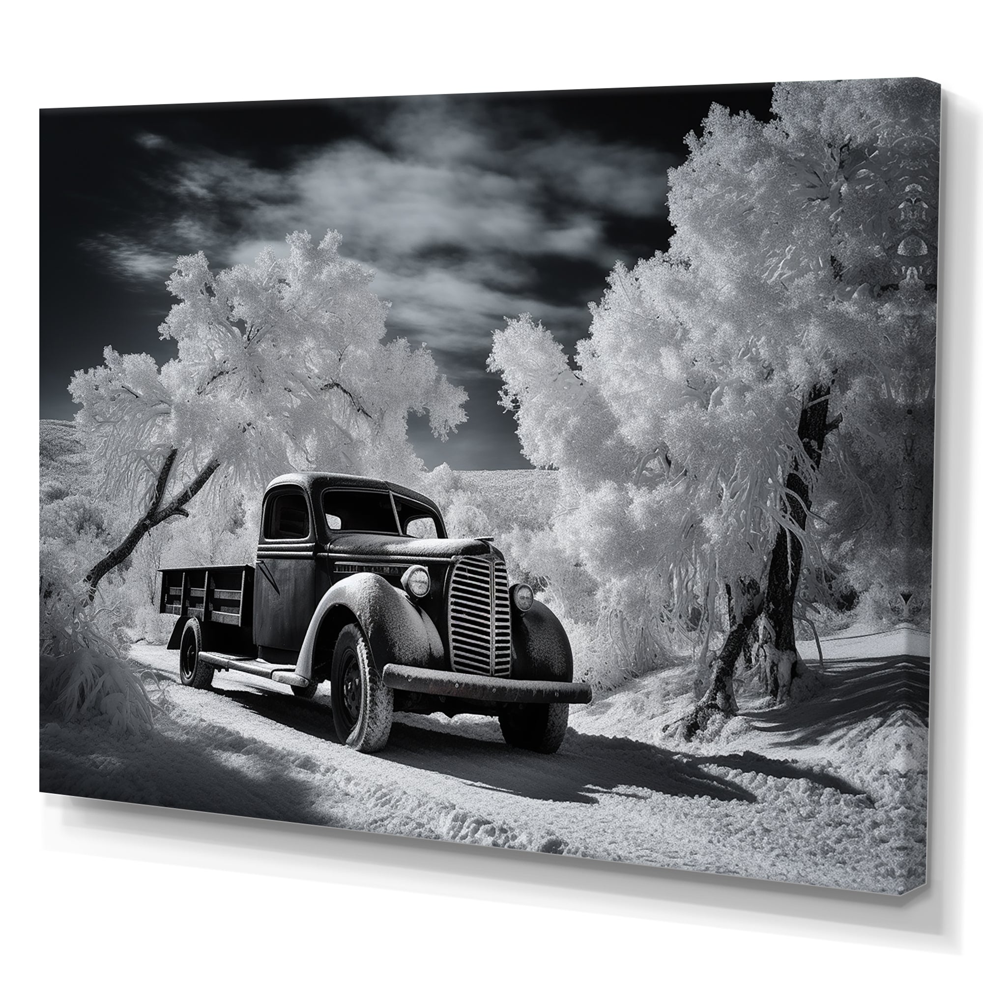 Black And White Truck Charm In Winter photo - Pickup Truck Canvas Wall Art
