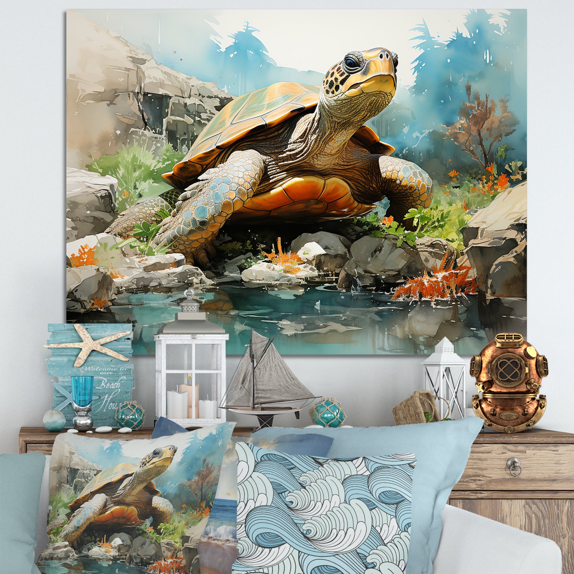 Contemporary Marine Life - Beige Turtle Wall Art