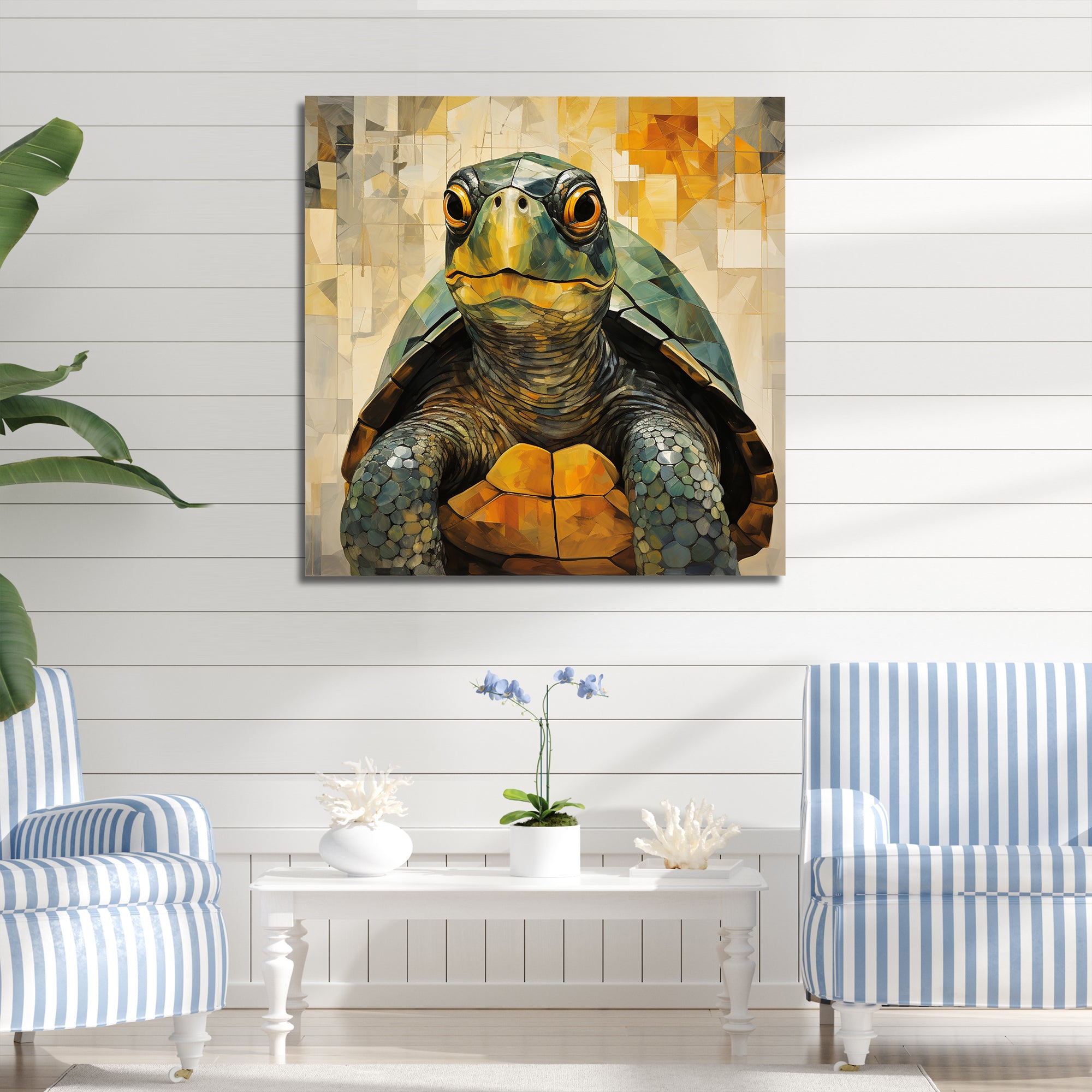 Cubist Abstraction Of A Turtle Using Olive Green - Turtle Canvas Wall Art