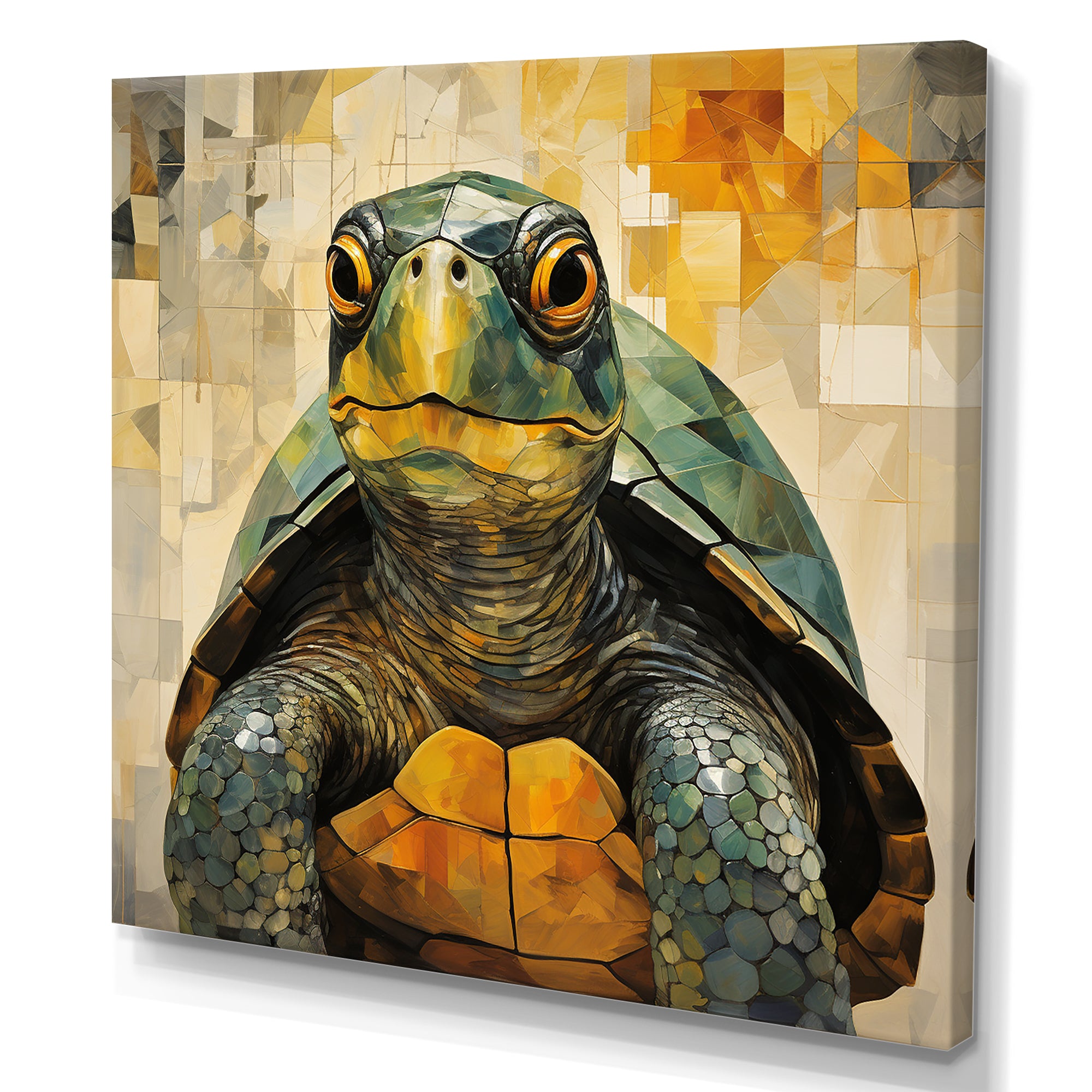 Cubist Abstraction Of A Turtle Using Olive Green - Turtle Canvas Wall Art