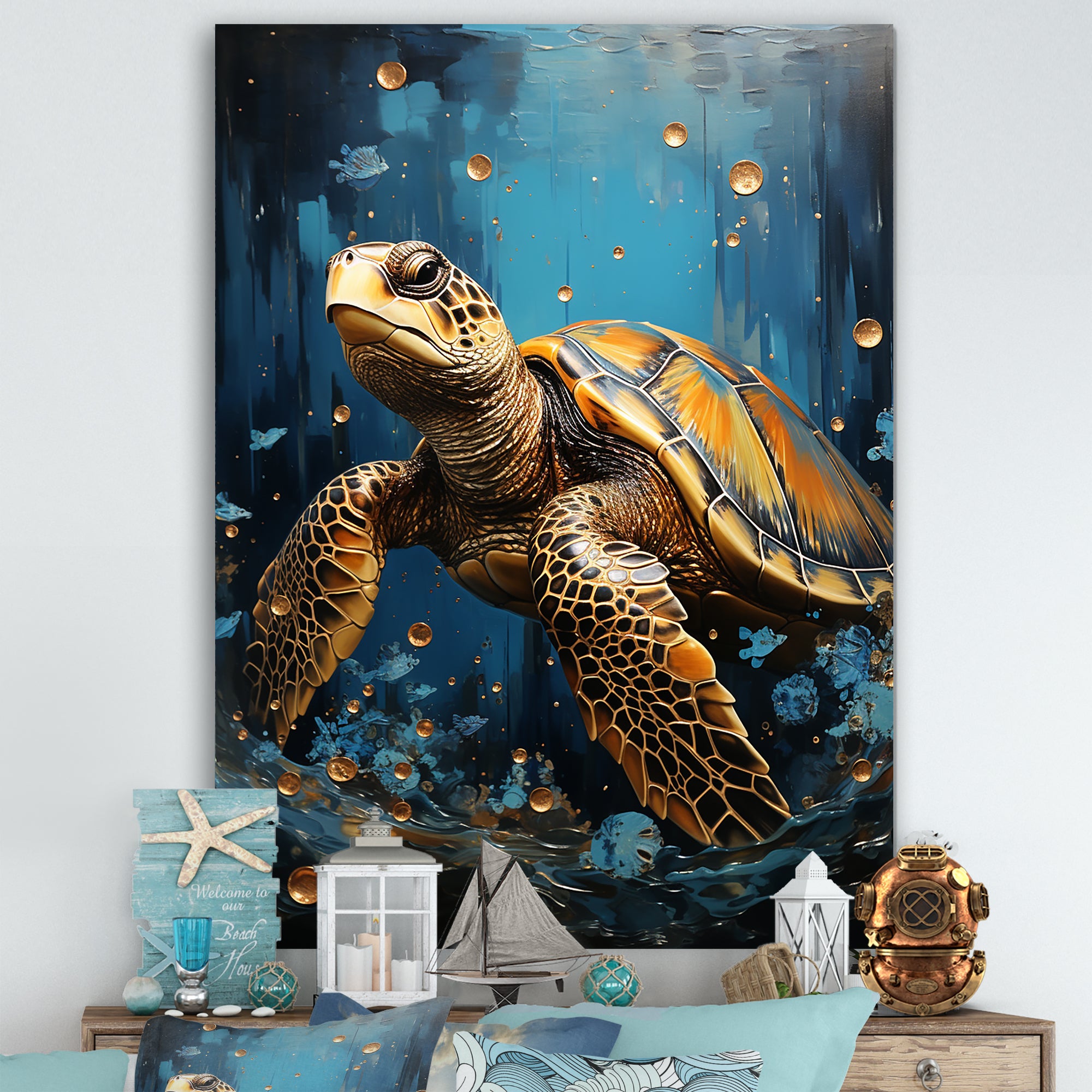 Underwater Golden Shell - Turtle Home Decor Art