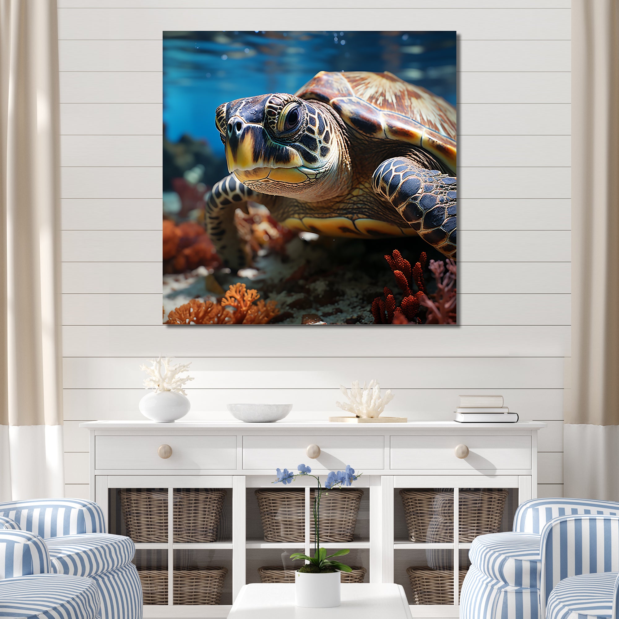 Curious Underwater Sea Turtle - Gray Turtle Wall Art