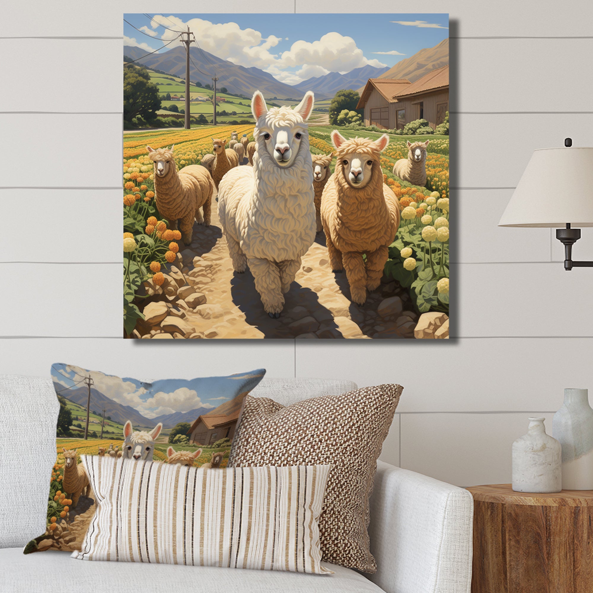 Cheerful farm Alpaca portrait - Parrot Canvas Wall Art