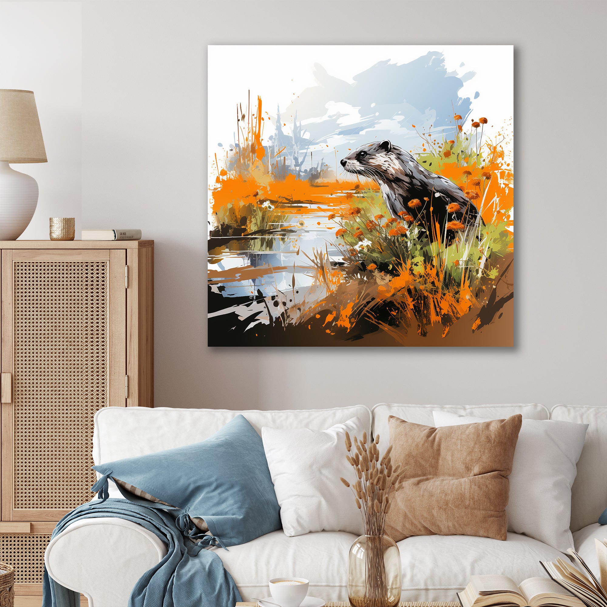 Enchanting beaver swim - Nursery Teddy Bear Large Canvas Wall Art