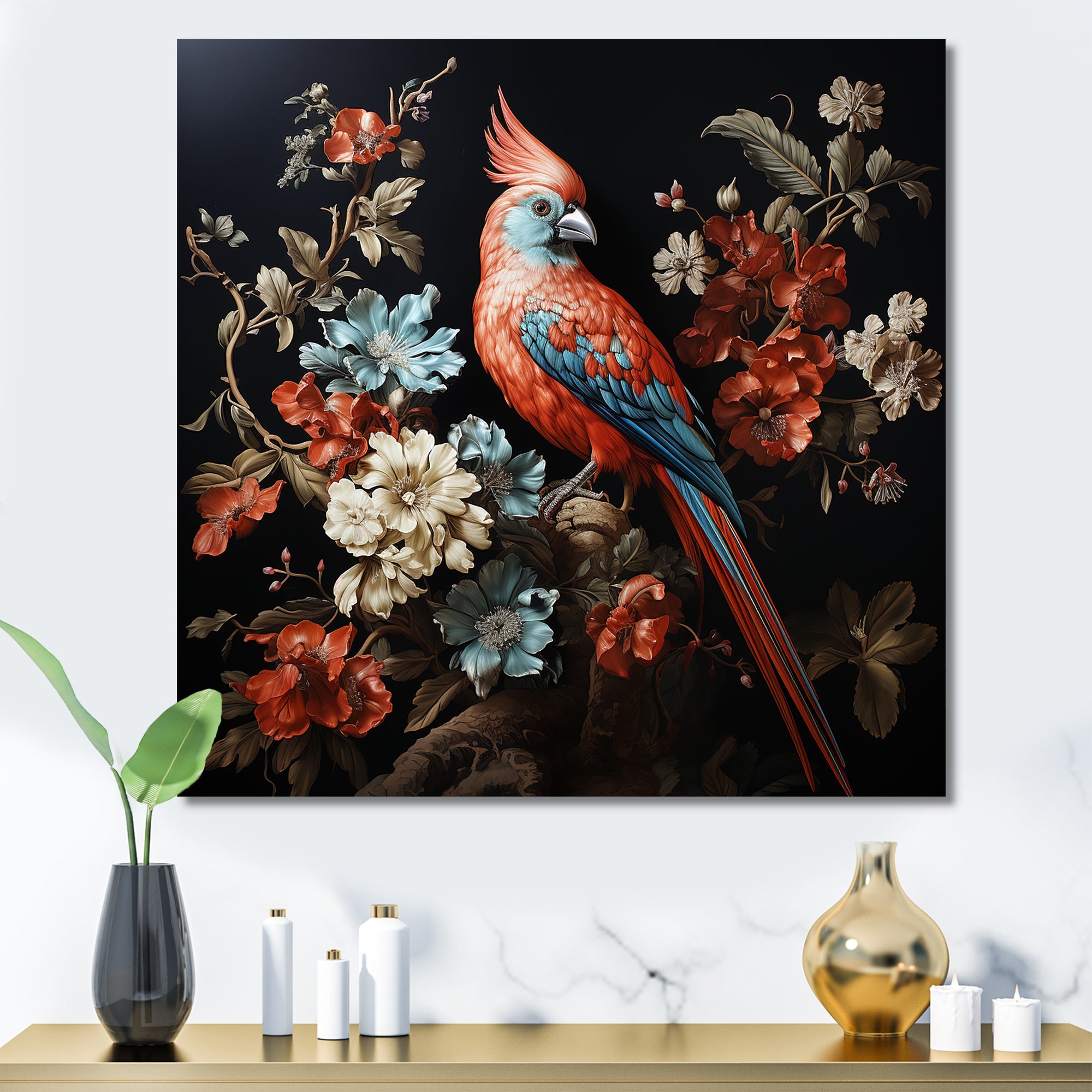 Red bird Serenity blooms - Nursery Teddy Bear Canvas Wall Art