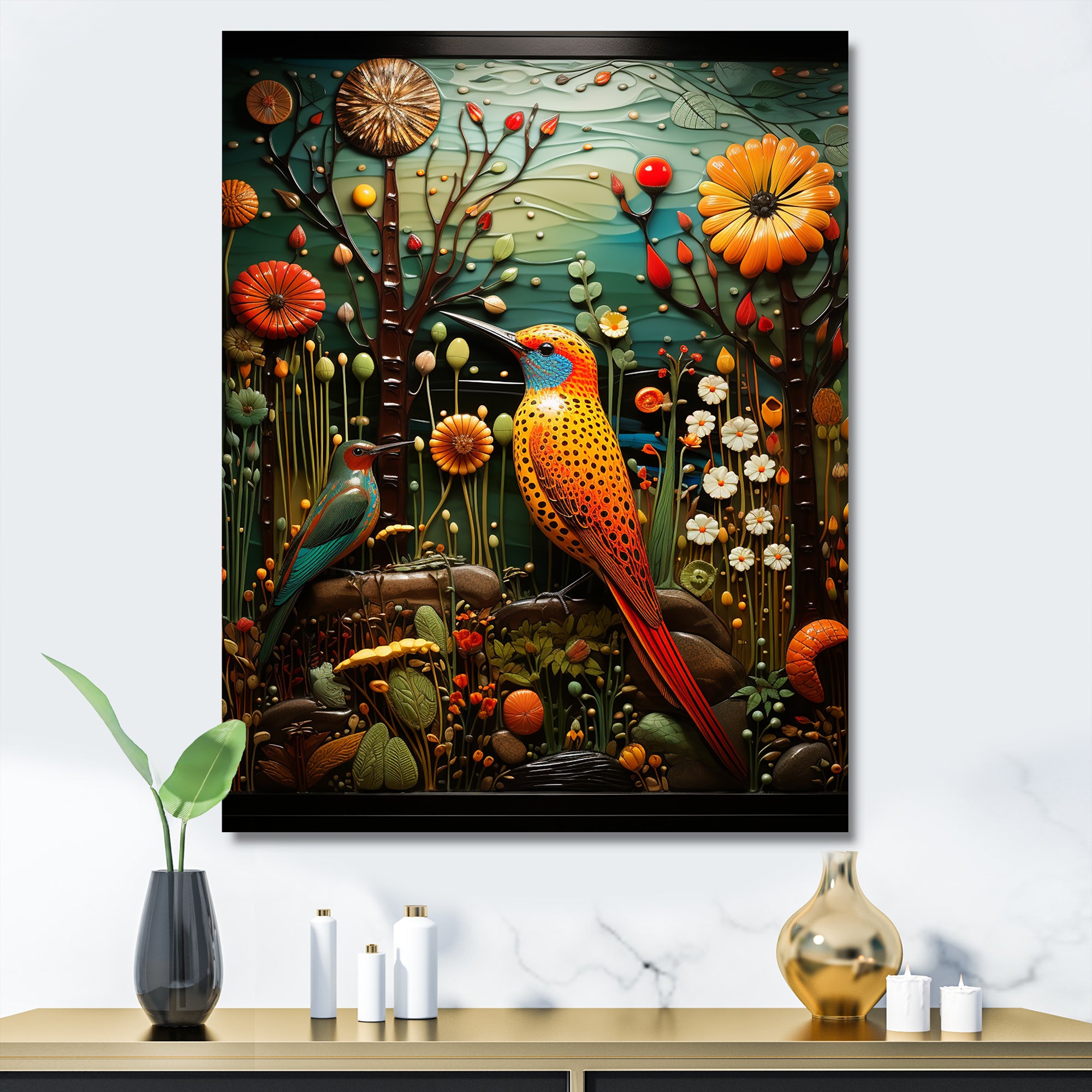 Abstract woodpecker bird flower at night - Bird Wall Decor