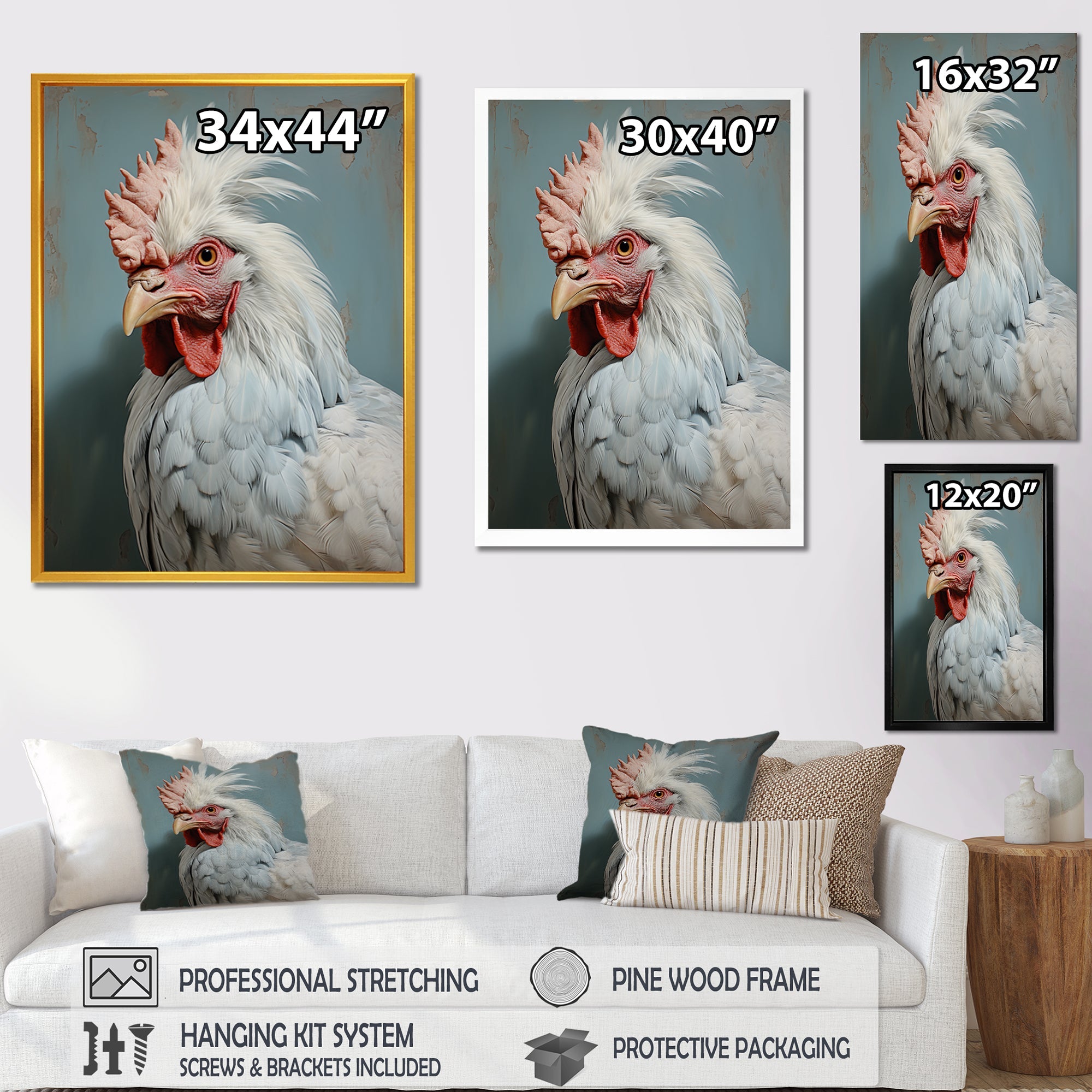 Majestic Rooster Portrait - Chicken Large Canvas Wall Art