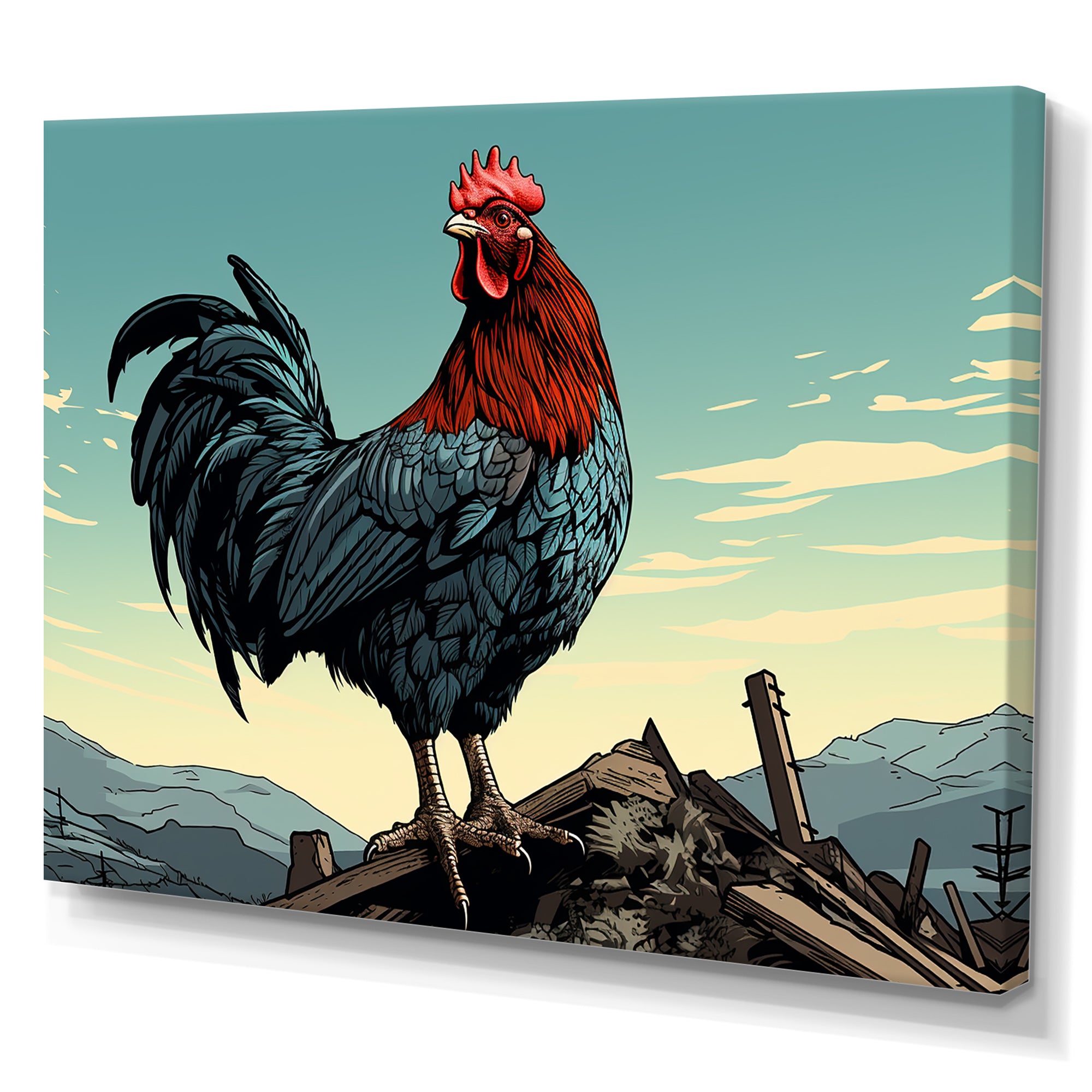 Rooster in the Farm Sunrise - Red Chicken Wall Art