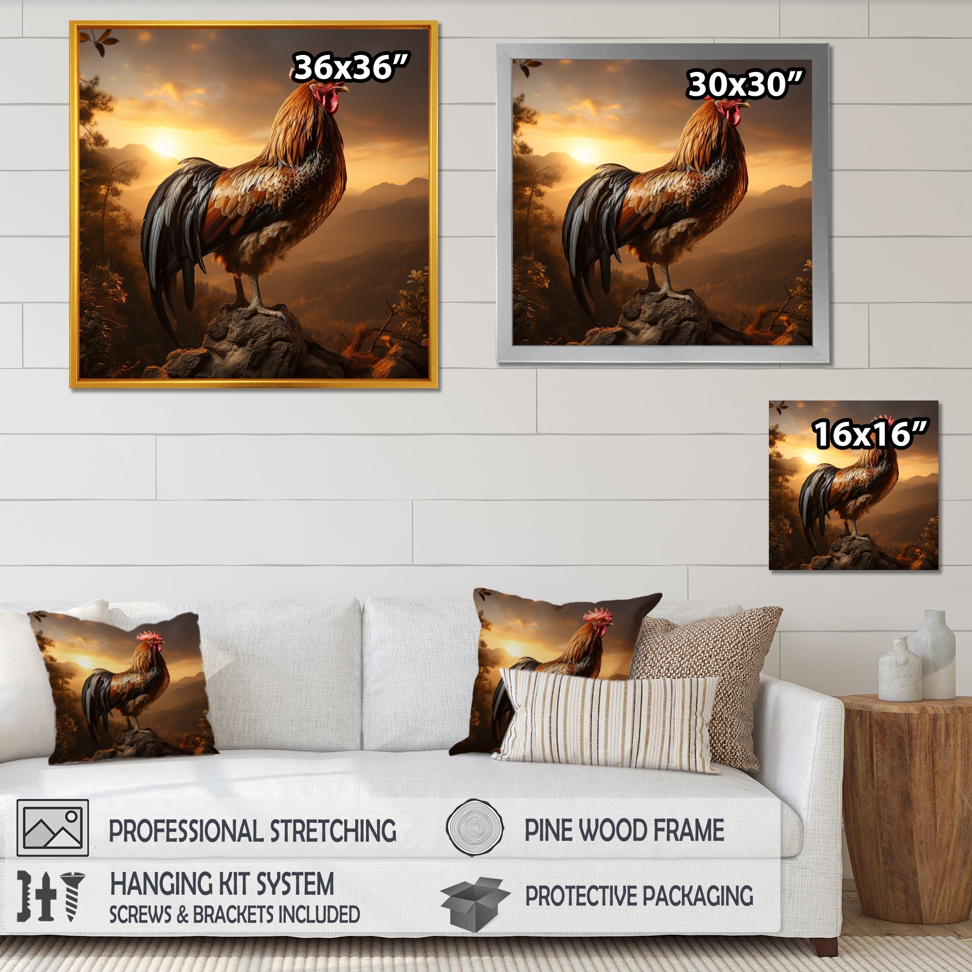 Chicken Rooster of the Dusk - Chicken Large Canvas Wall Art