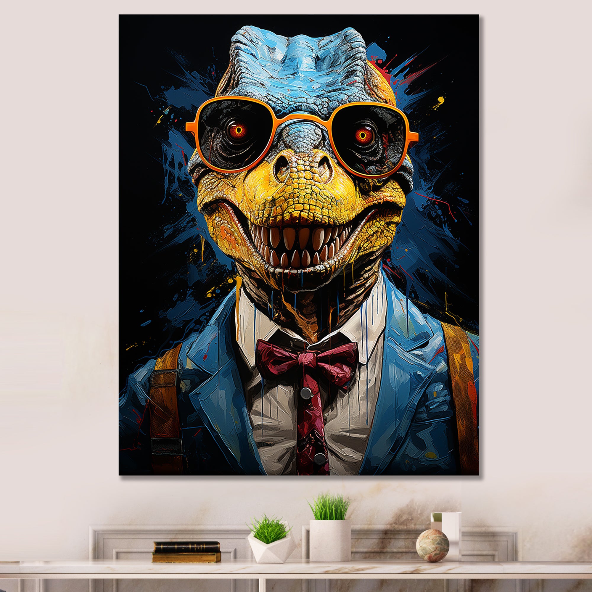 Classical Dino Grace in suit - Dinosaur Large Canvas Wall Art