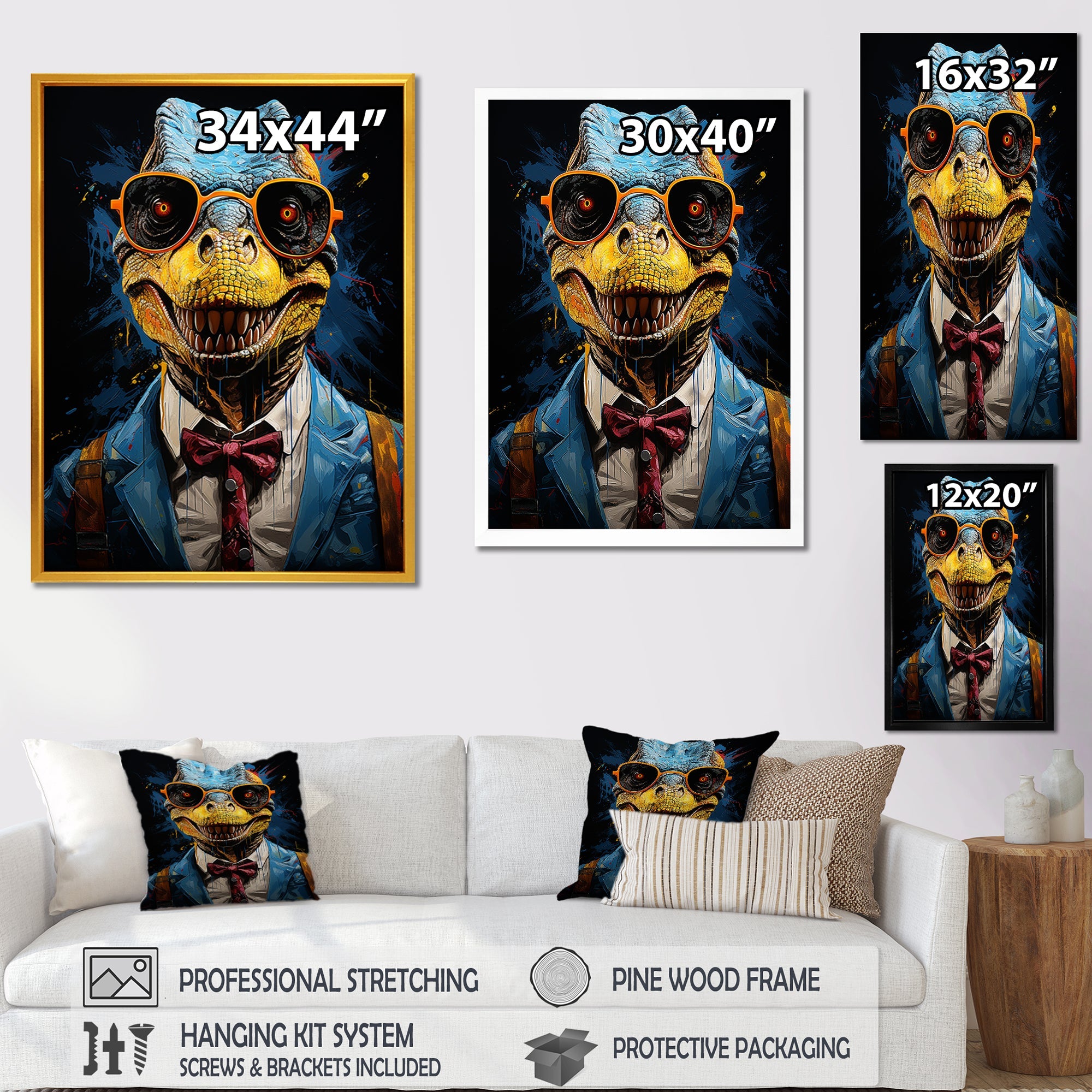 Classical Dino Grace in suit - Dinosaur Large Canvas Wall Art