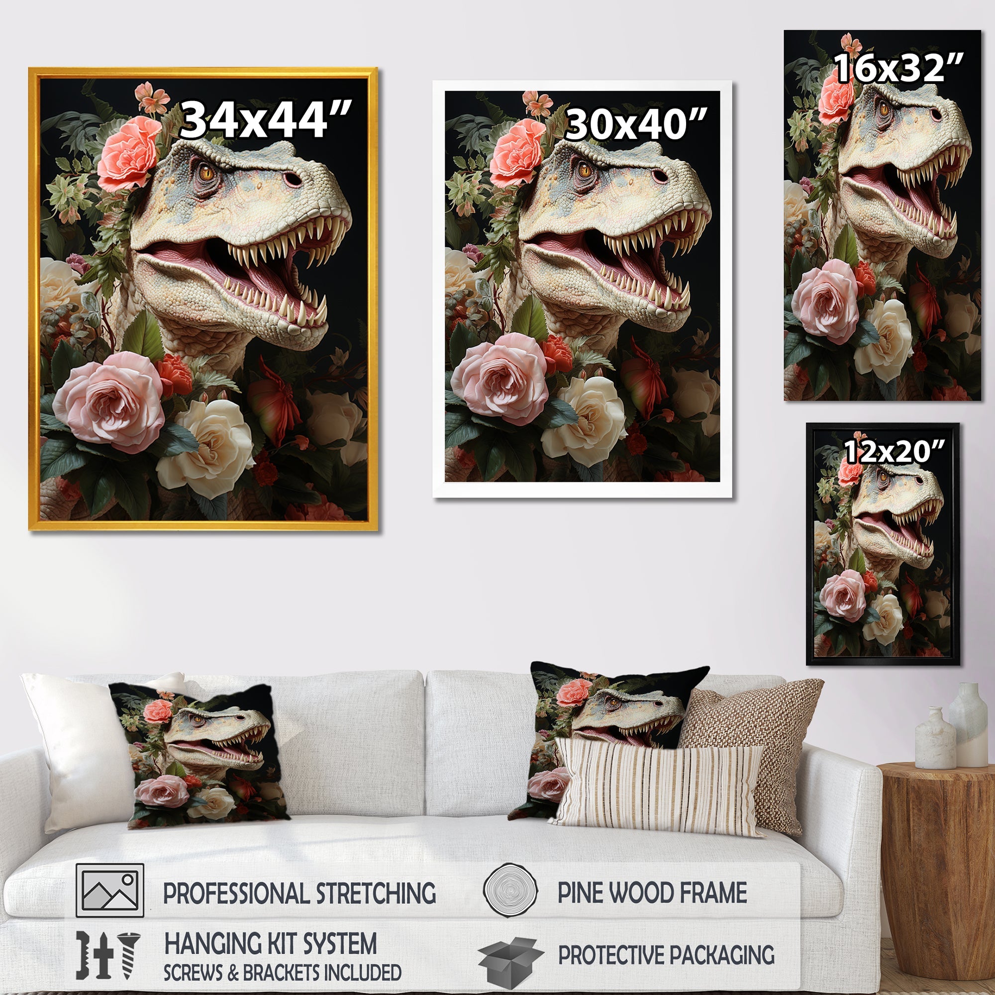 Floral Velociraptor jungle portrait - Dinosaur Wall Decor