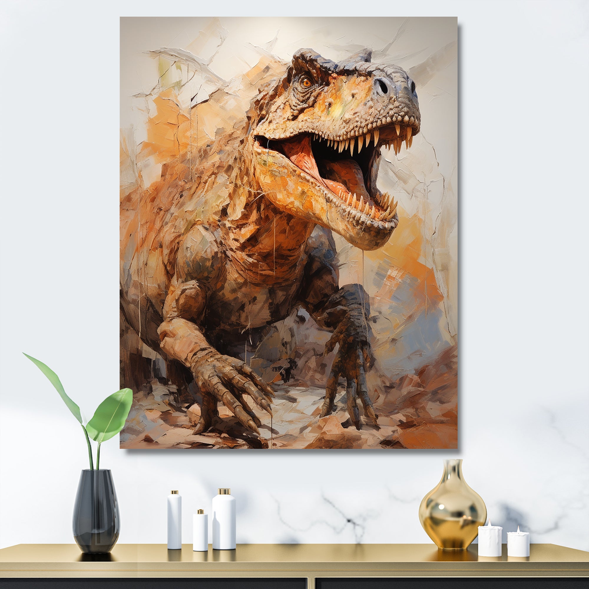 Brown and grey Raptor dino - Brown Dinosaur Wall Art