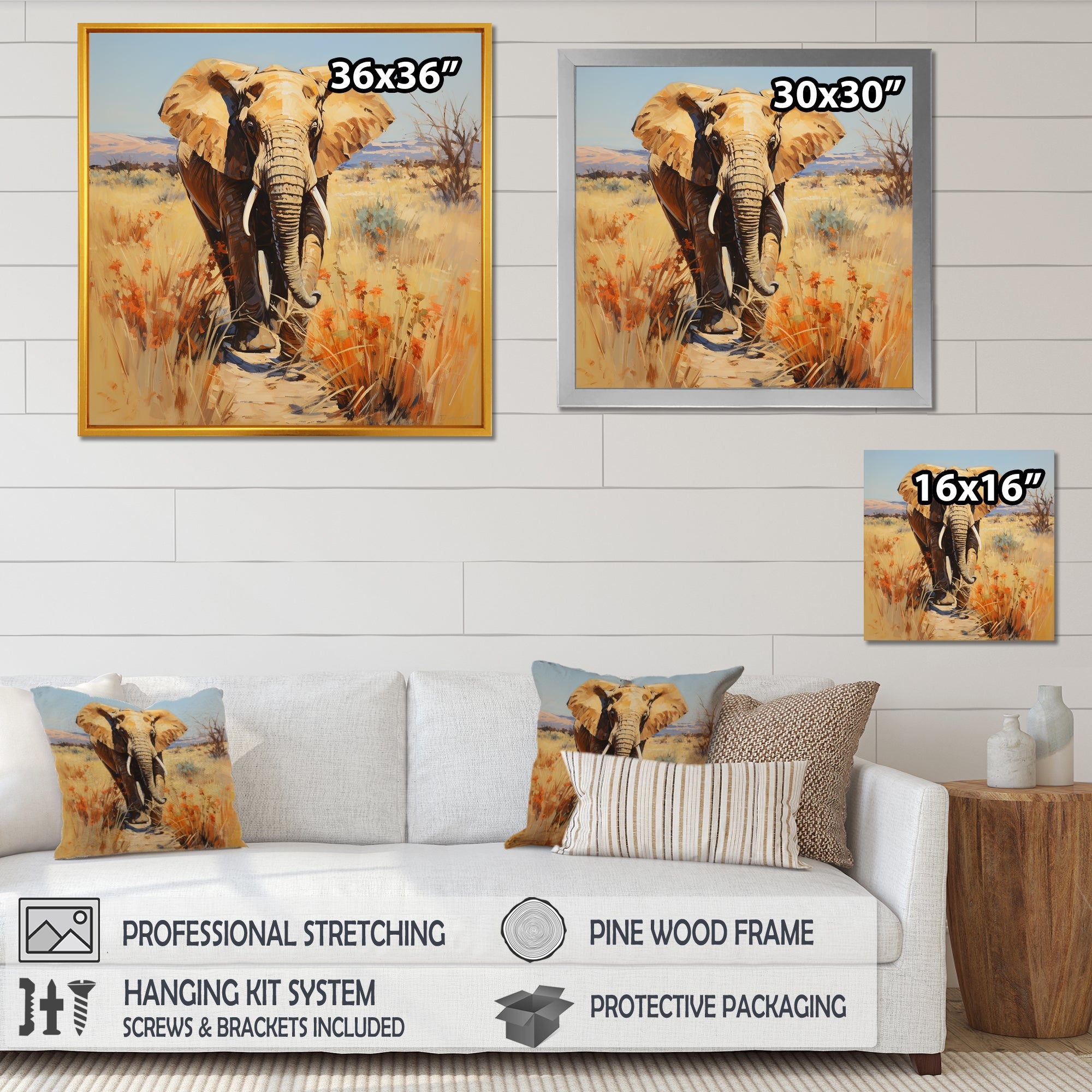 Grey Elephant in African horizon - Elephant Framed Canvas Art