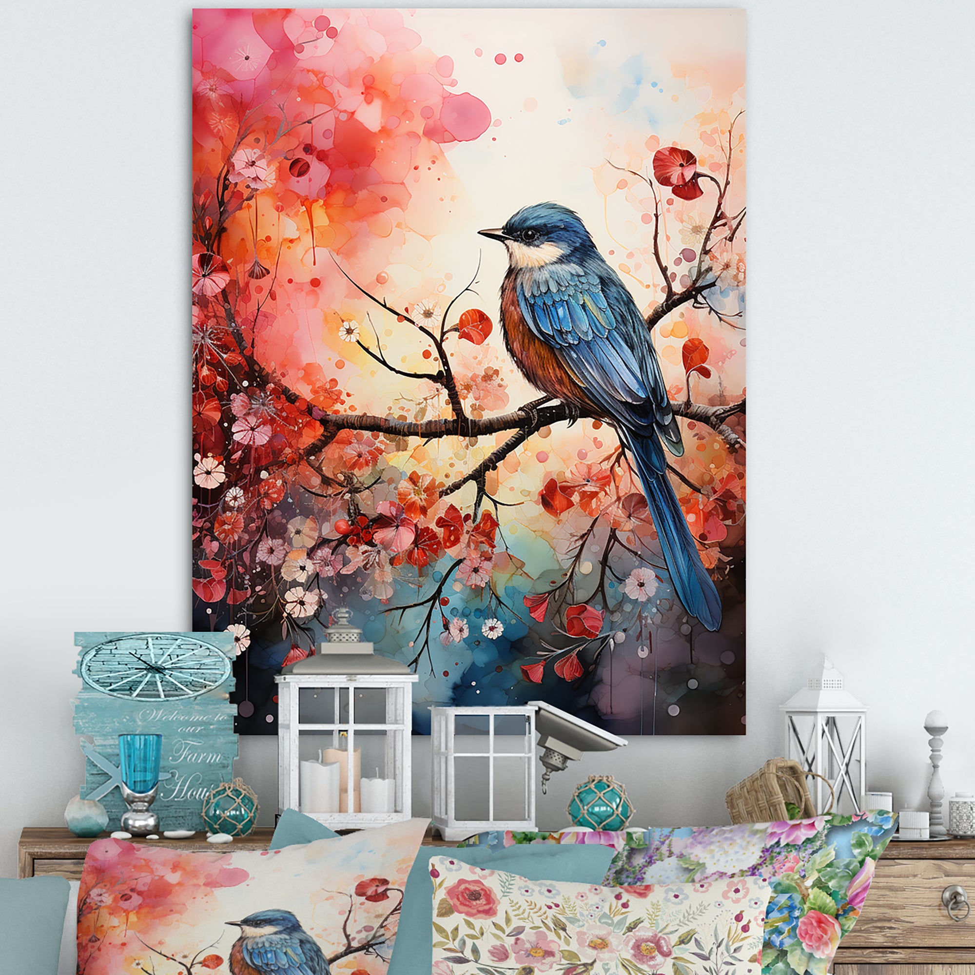 Pink Enchanted floral Botanicals with Eastern blue bird - Bird Floral Home Decor Art