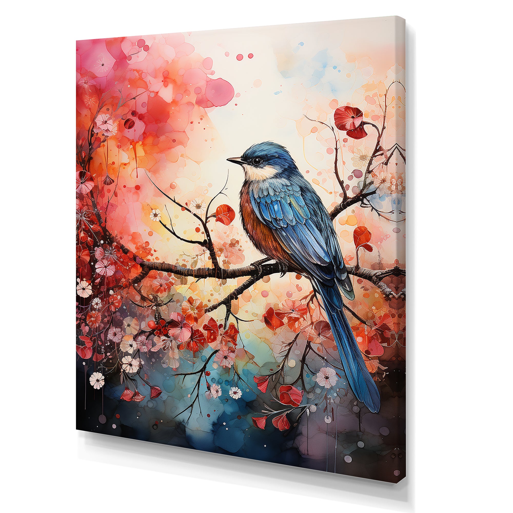 Pink Enchanted floral Botanicals with Eastern blue bird - Bird Floral Home Decor Art