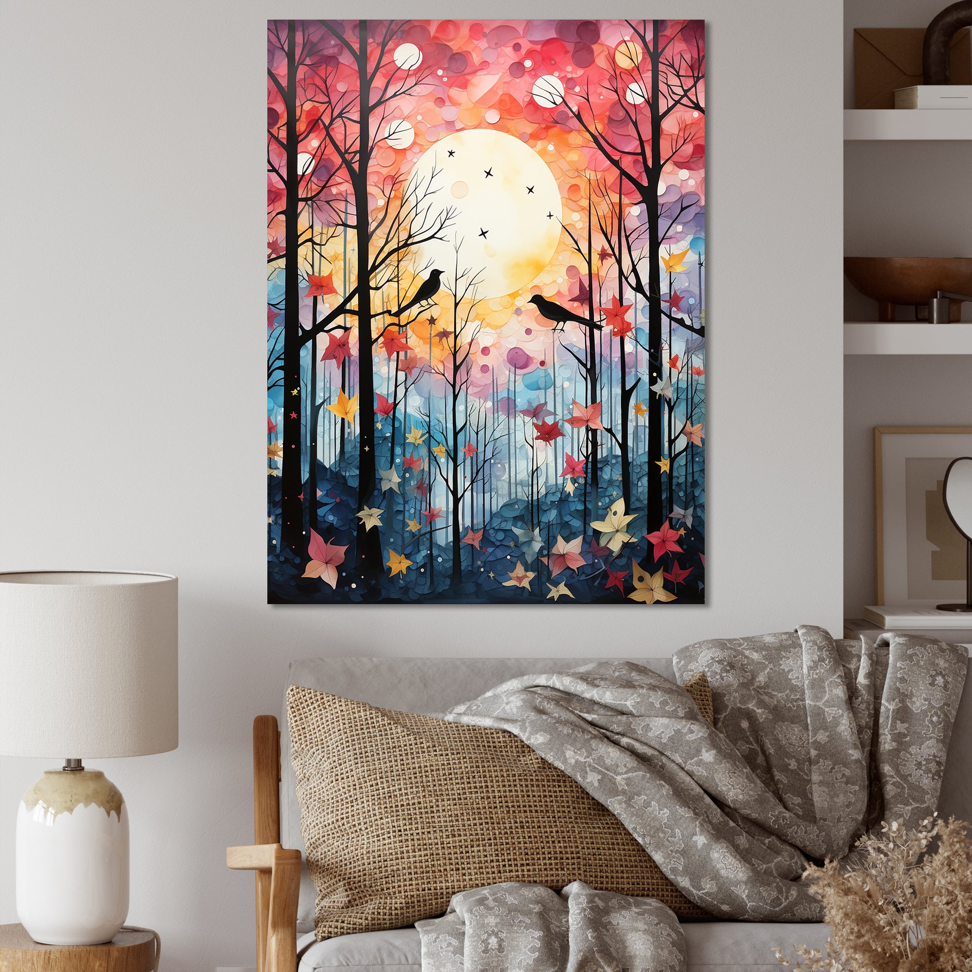 Pink Enchanted floral Botanicals with Eastern bluebird - Bird Floral Living Room Wall Art