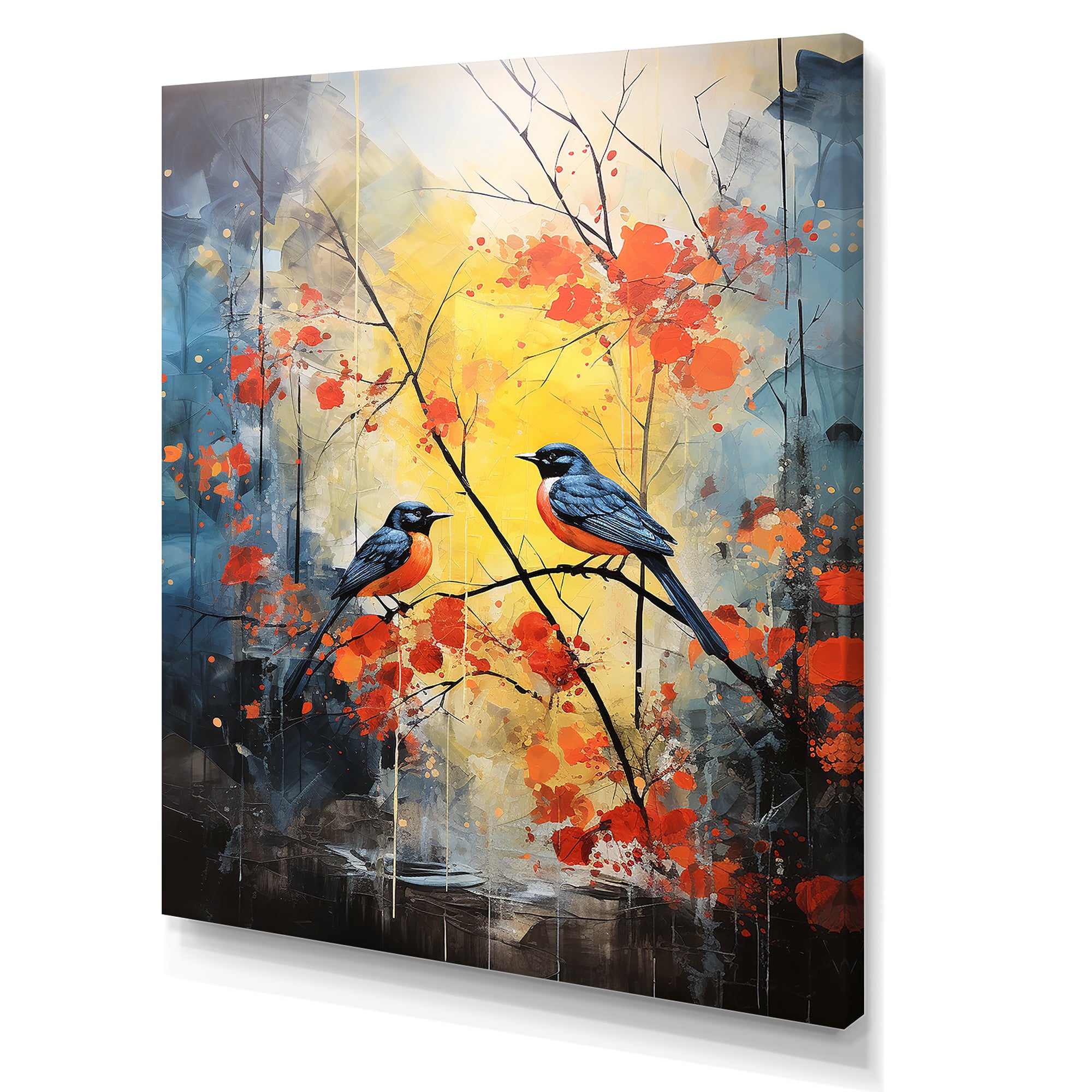 Blue and yellow forest with Eastern bluebird - Bird Floral Bedroom Wall Art