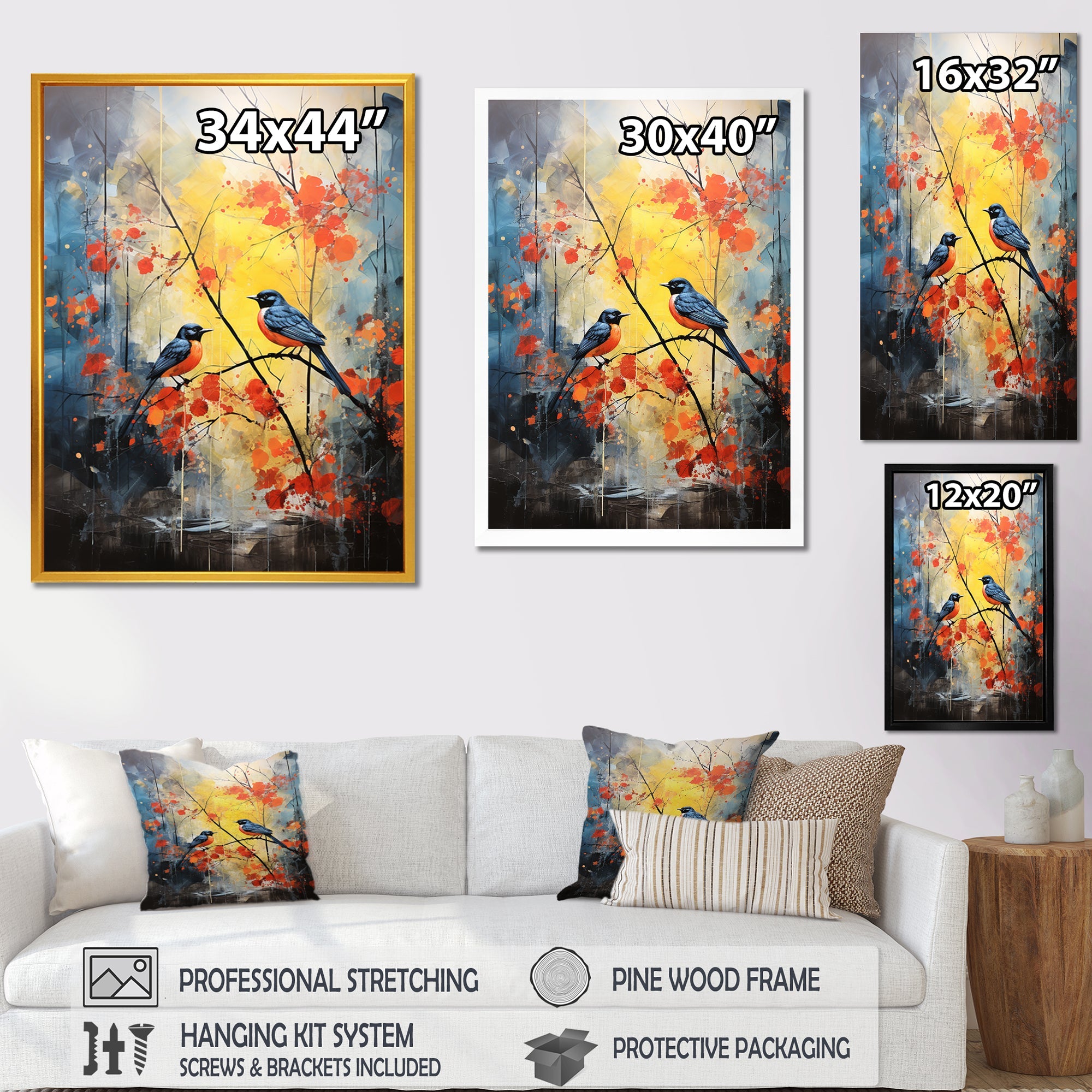 Blue and yellow forest with Eastern bluebird - Bird Floral Bedroom Wall Art