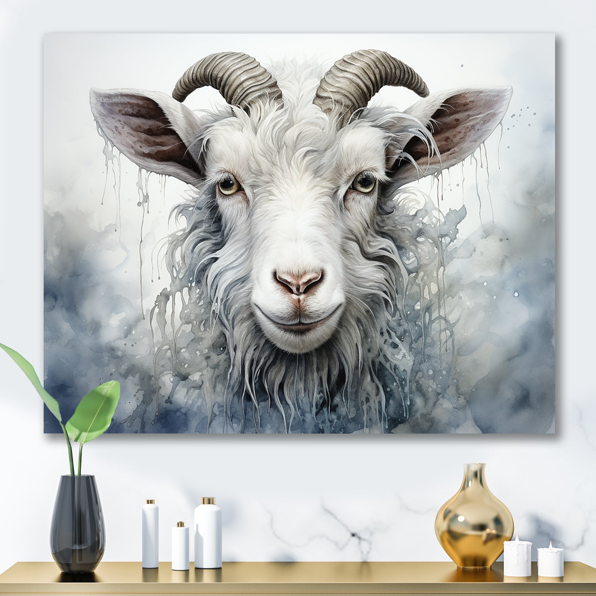 White Grazing Goat portrait - Goat Wall Art Prints