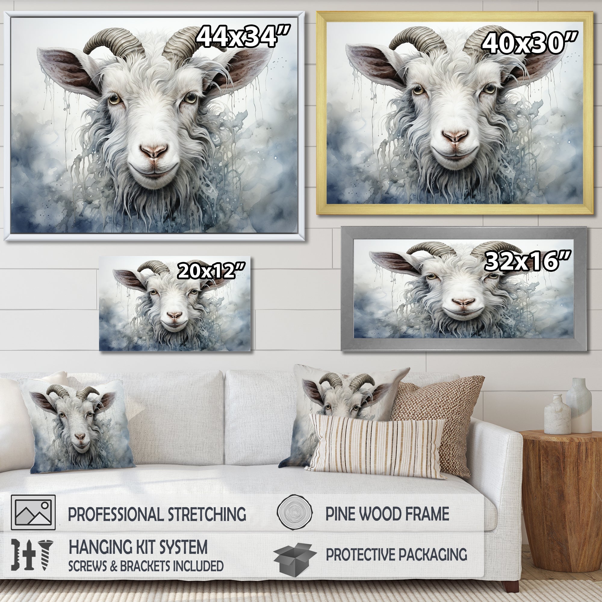 White Grazing Goat portrait - Goat Wall Art Prints