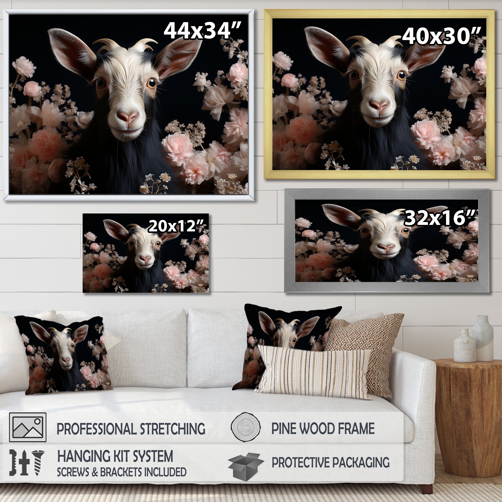 White and pink floral goat portrait - Goat Wall Art Prints