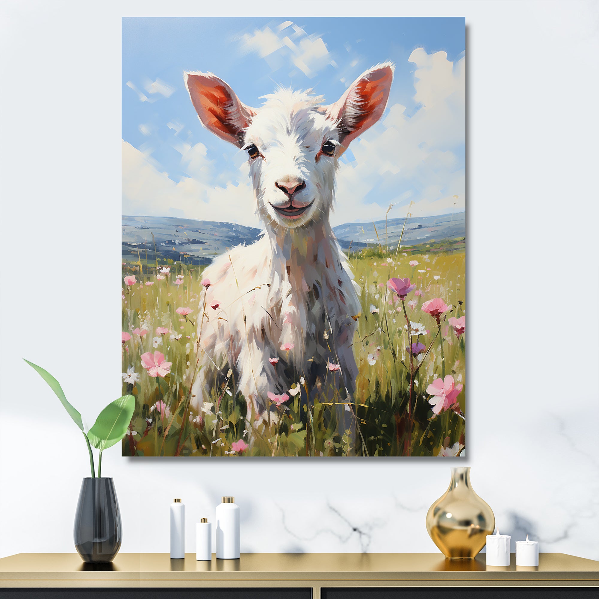 Cute goat in the floral meadows - White Goat Wall Art