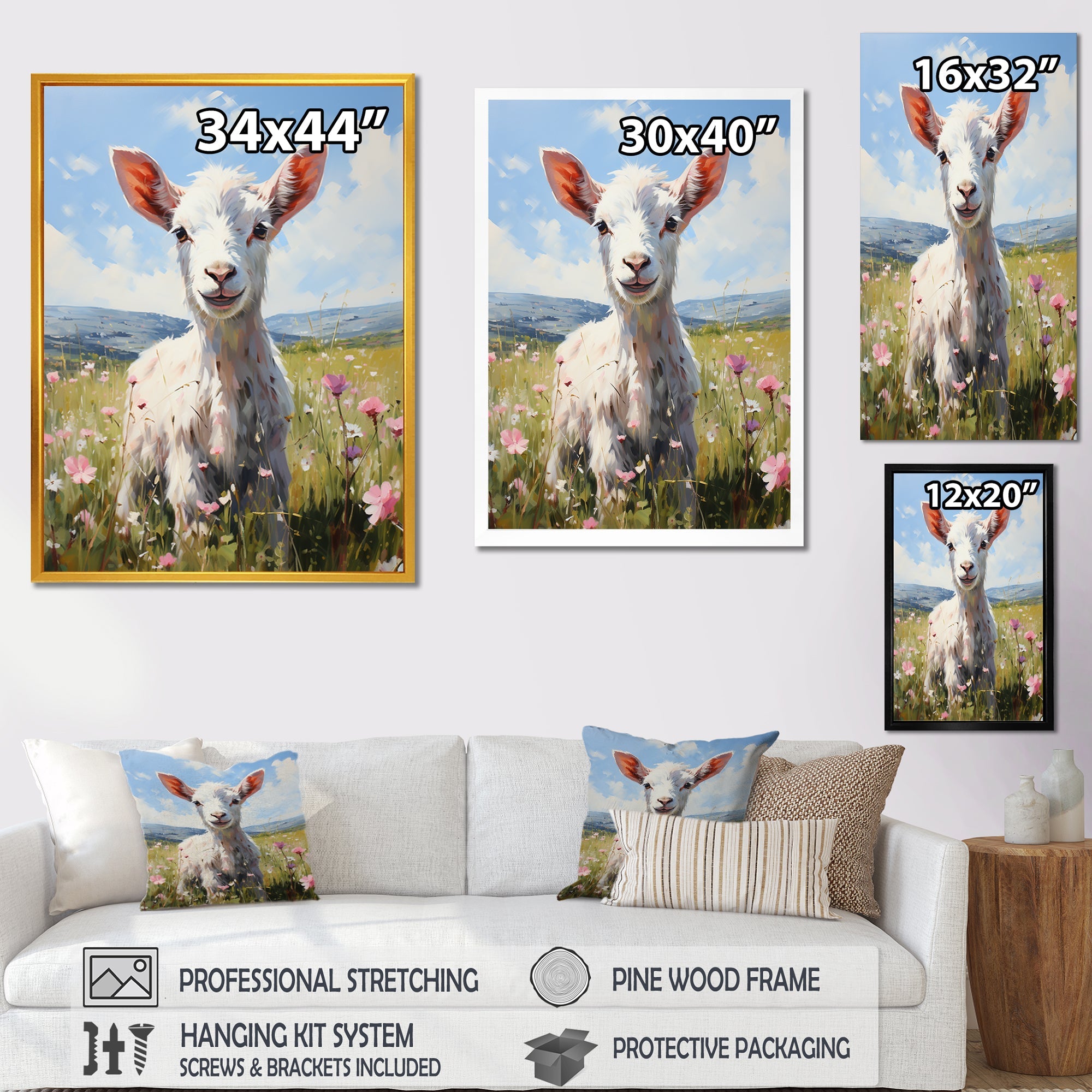 Cute goat in the floral meadows - White Goat Wall Art