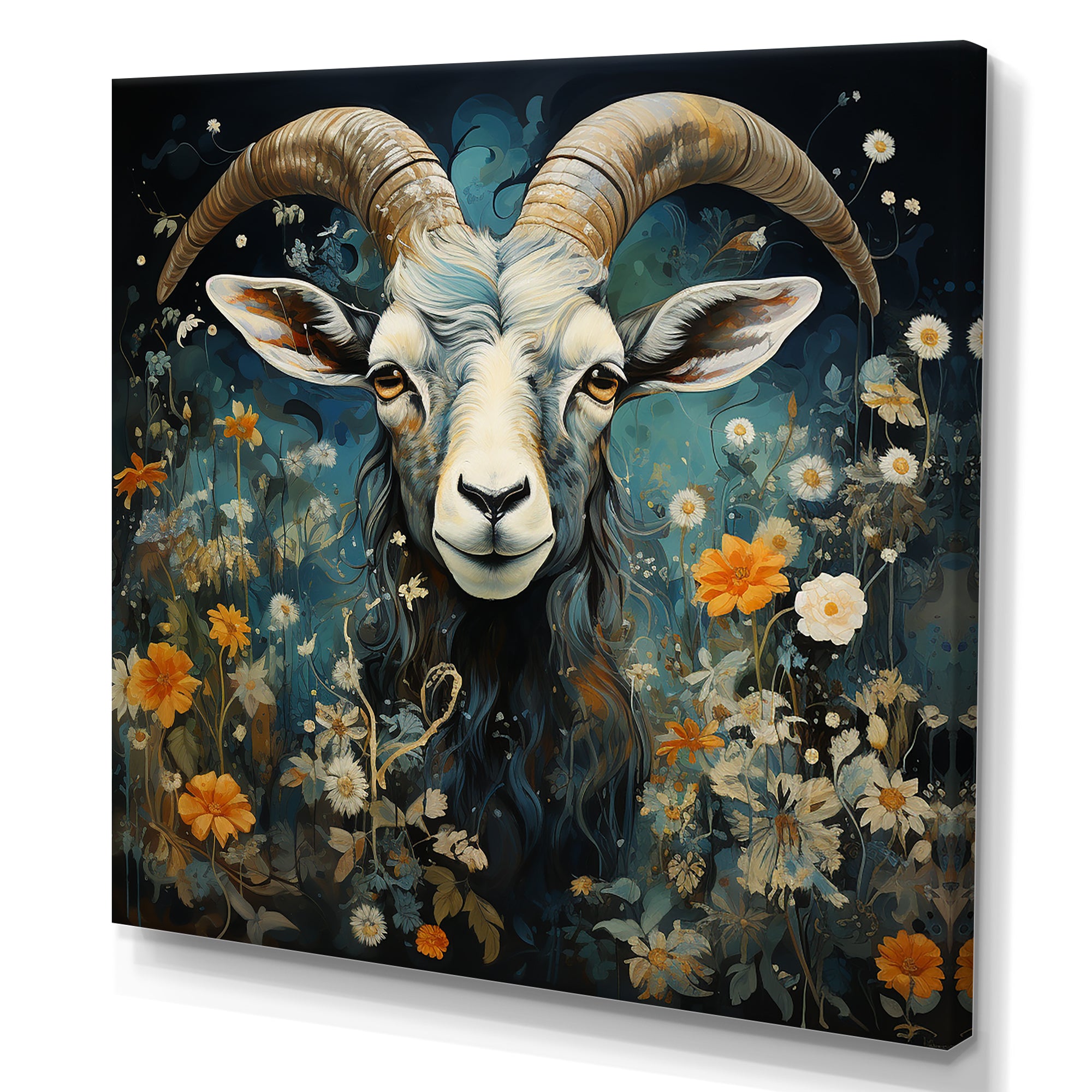 Blue and yellow goat blooms - Goat Living Room Wall Art