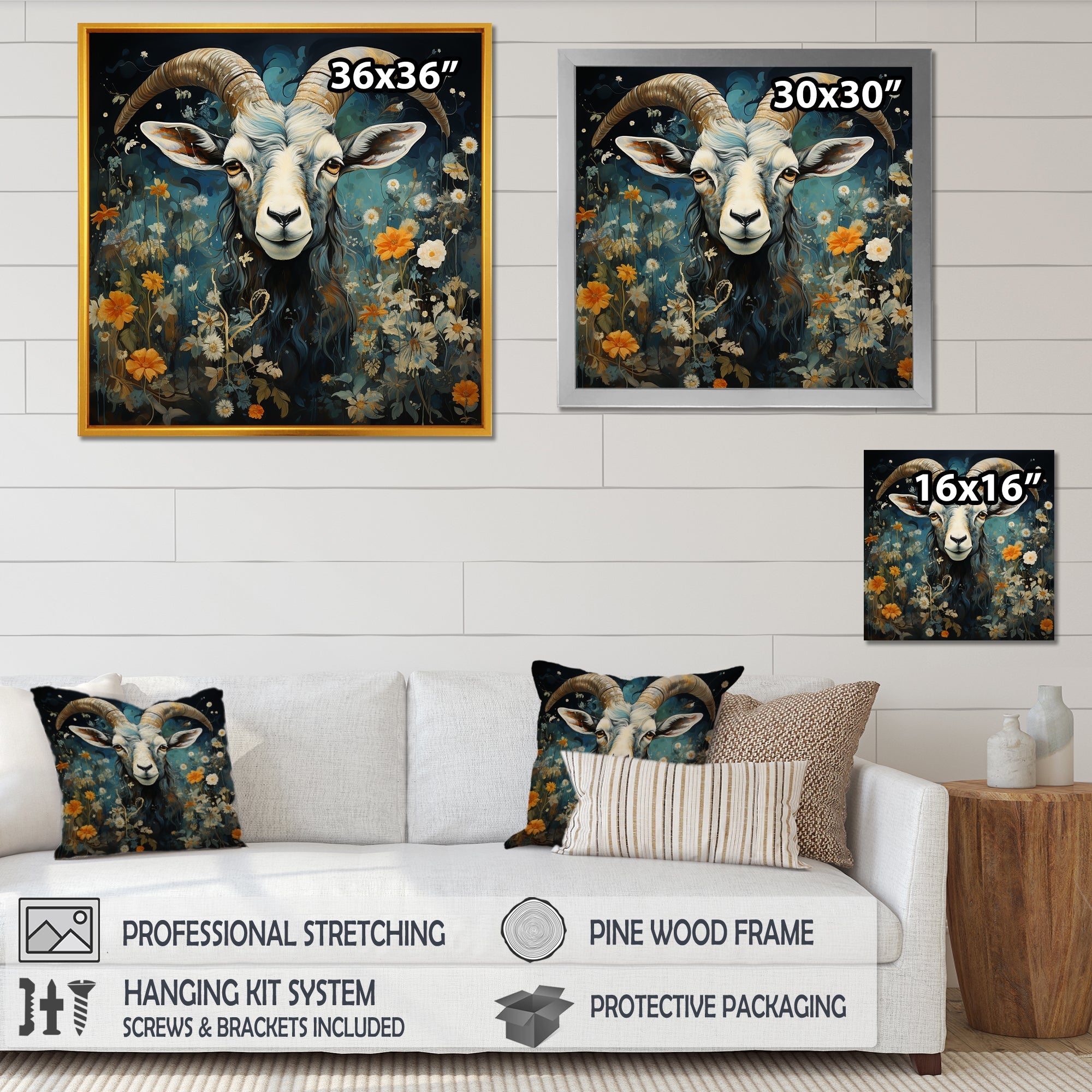 Blue and yellow goat blooms - Goat Living Room Wall Art