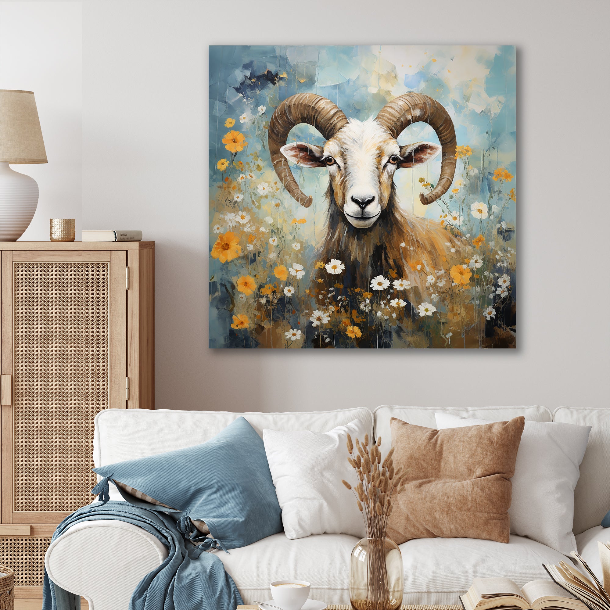 Yellow goat blooms in meadow flowers - Goat Canvas Wall Art